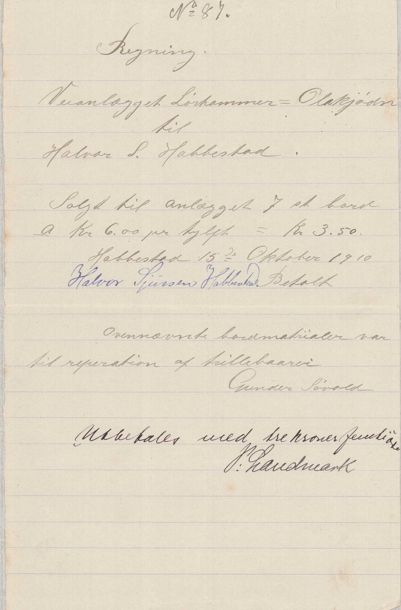 Finnaas kommune. Formannskapet, IKAH/1218a-021/E/Ea/L0001/0003: Rekneskap for veganlegg / Rekneskap for veganlegget Laurhammer - Olakjødn, 1909-1911, p. 48