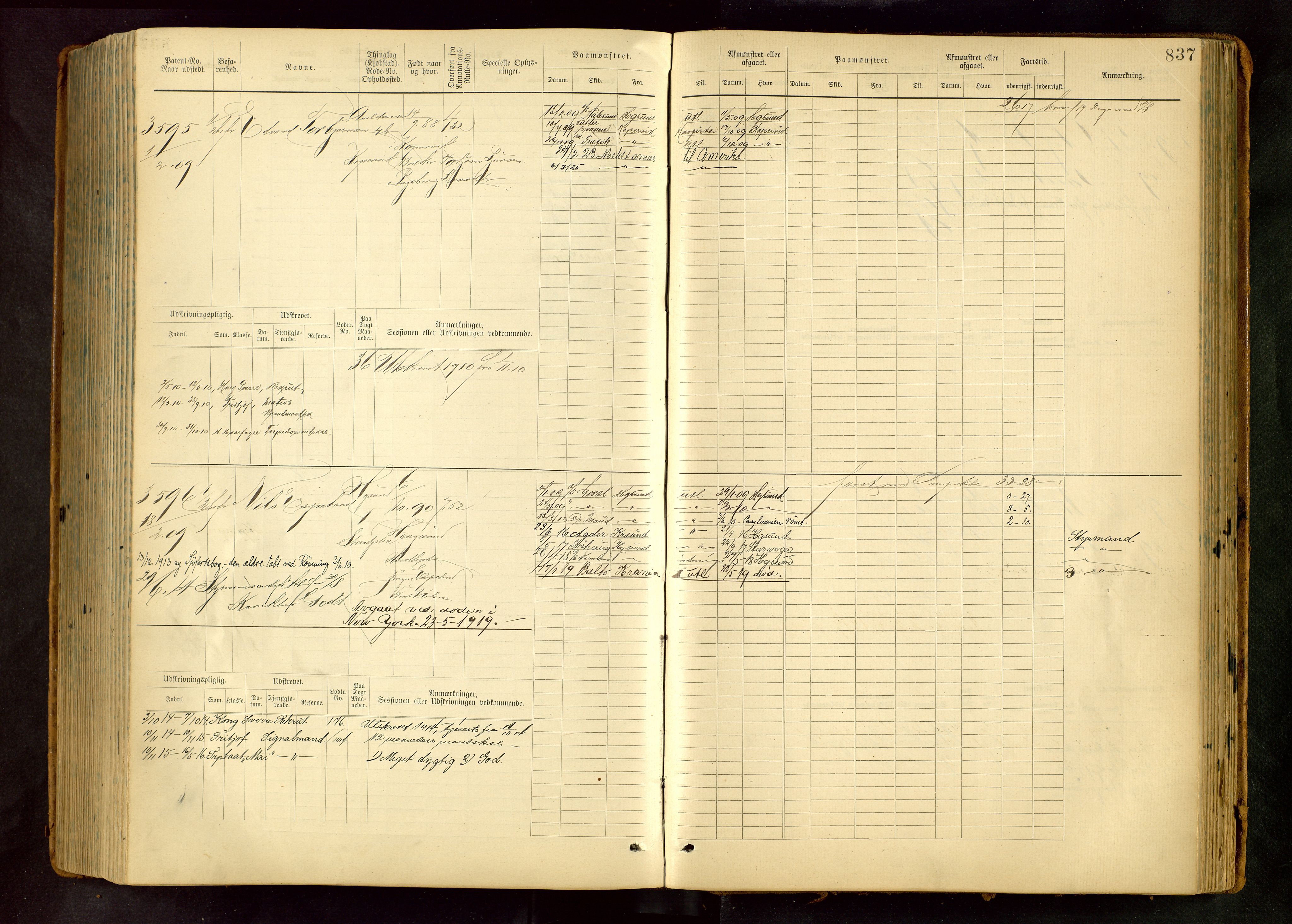 Haugesund sjømannskontor, AV/SAST-A-102007/F/Fb/Fbb/L0007: Sjøfartsrulle Haugesund krets nr.2885-3832, 1868-1948, p. 837