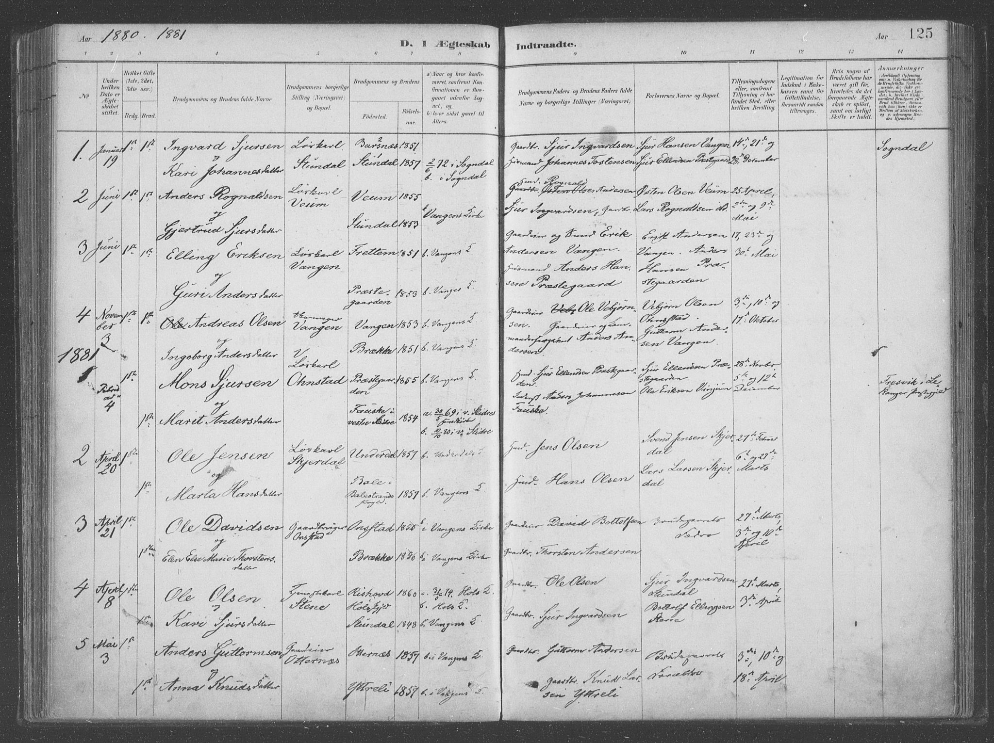Aurland sokneprestembete, SAB/A-99937/H/Ha/Hab/L0001: Parish register (official) no. B  1, 1880-1909, p. 125