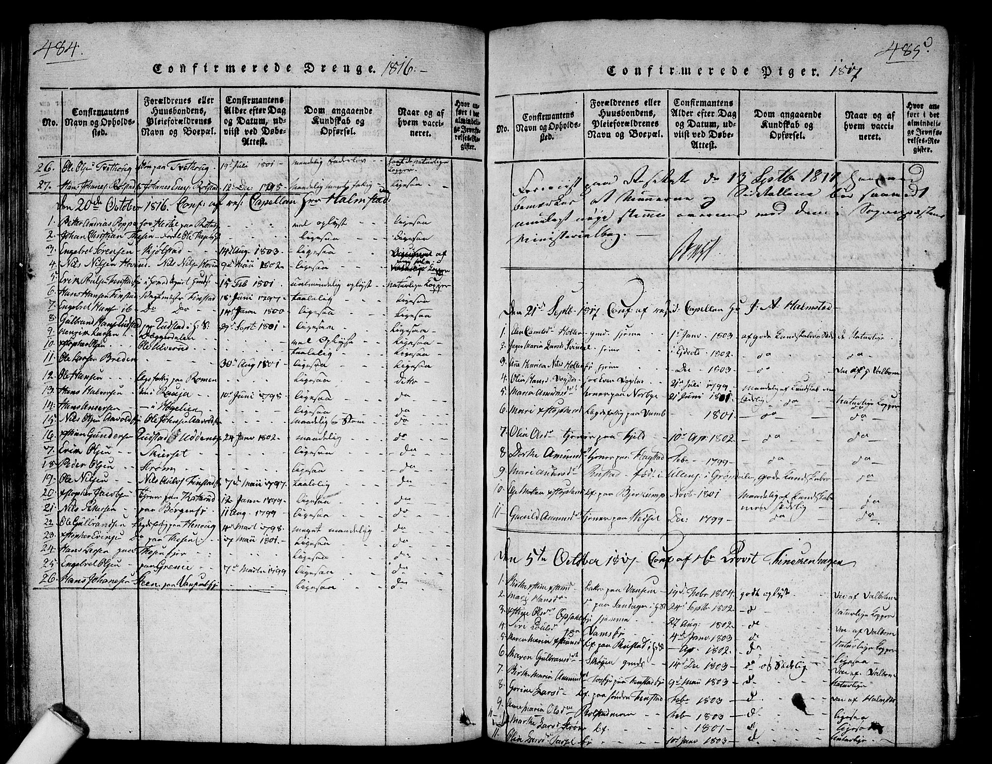 Nes prestekontor Kirkebøker, AV/SAO-A-10410/G/Ga/L0001: Parish register (copy) no. I 1, 1815-1835, p. 484-485