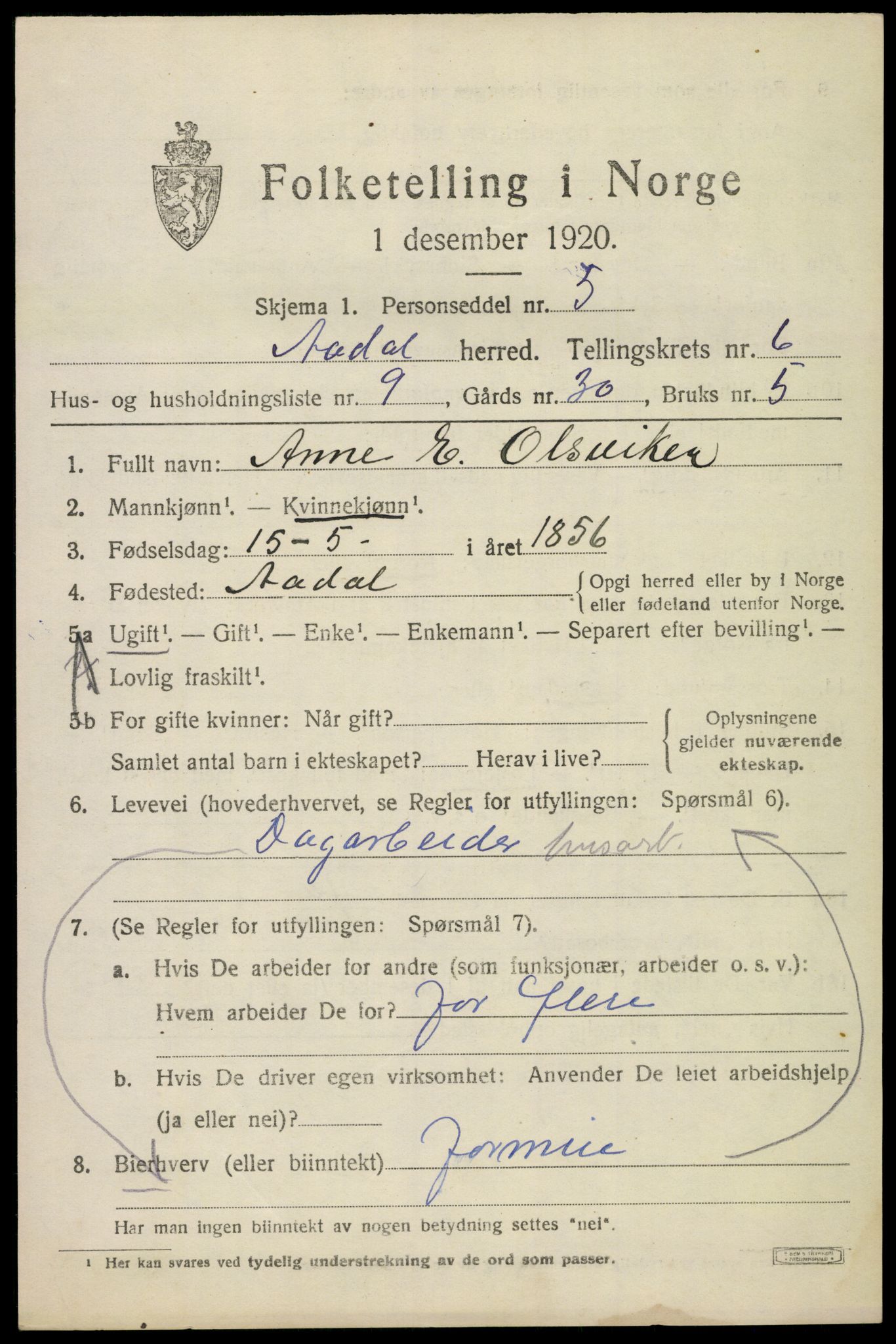 SAKO, 1920 census for Ådal, 1920, p. 4724