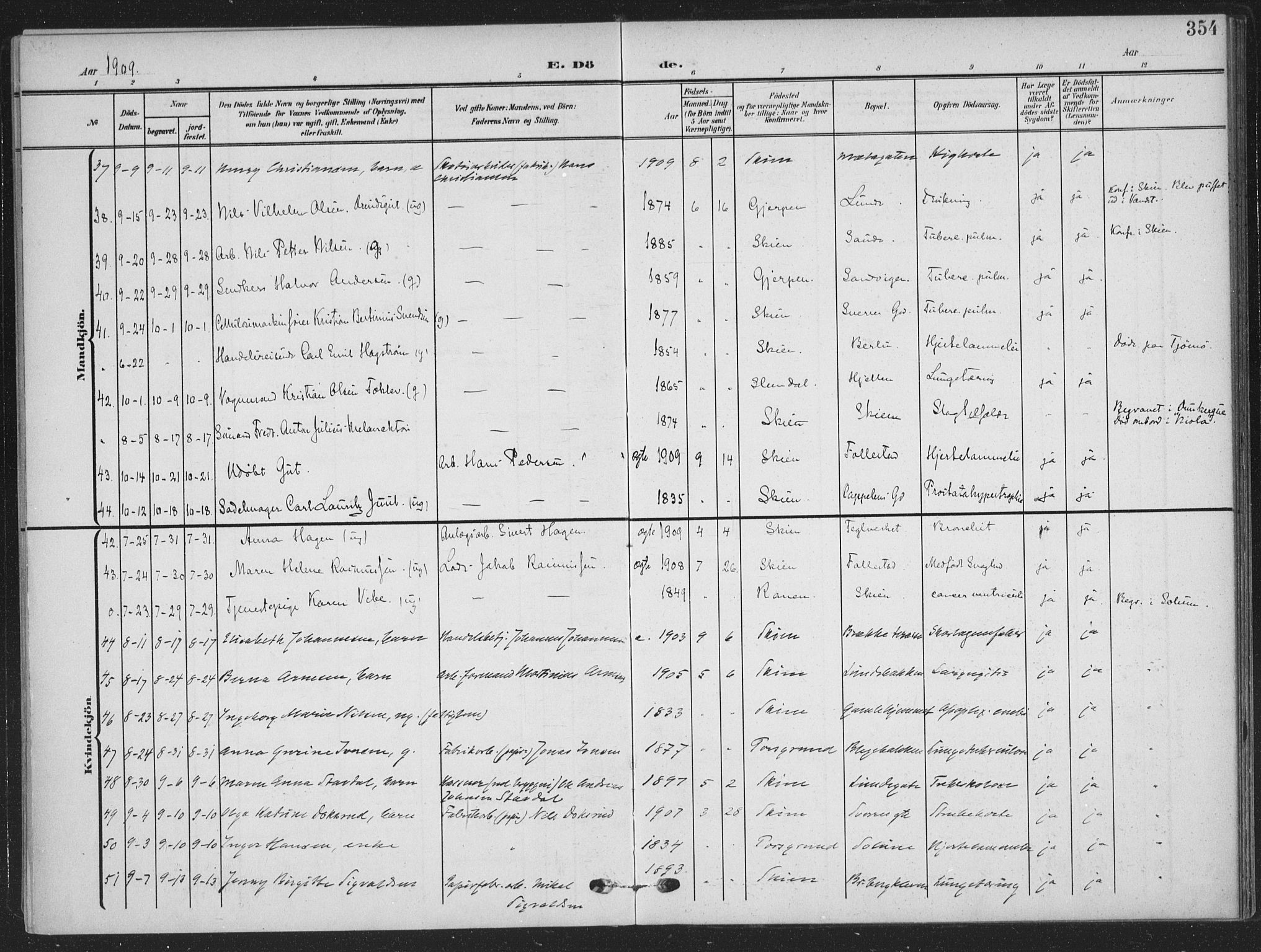 Skien kirkebøker, AV/SAKO-A-302/F/Fa/L0012: Parish register (official) no. 12, 1908-1914, p. 354