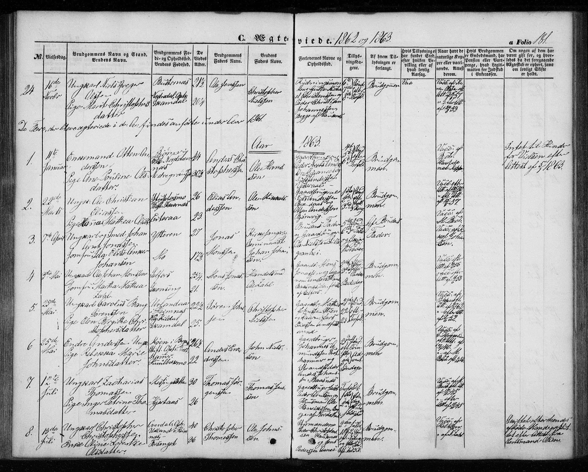 Ministerialprotokoller, klokkerbøker og fødselsregistre - Nordland, AV/SAT-A-1459/827/L0392: Parish register (official) no. 827A04, 1853-1866, p. 181