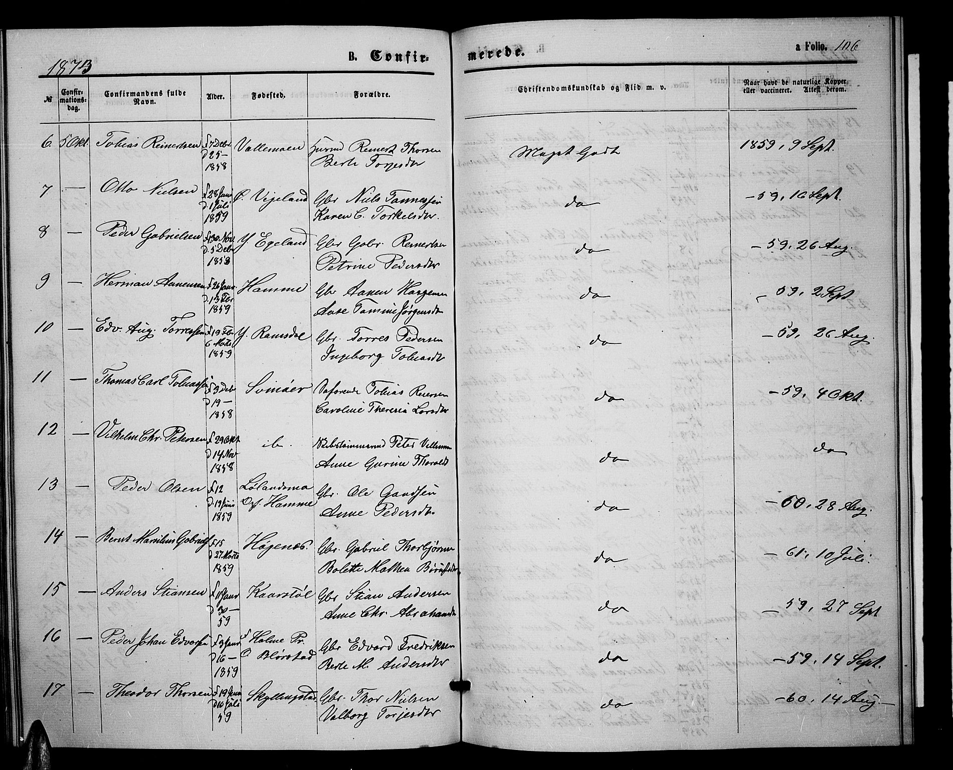 Sør-Audnedal sokneprestkontor, AV/SAK-1111-0039/F/Fb/Fbb/L0004: Parish register (copy) no. B 4, 1868-1879, p. 106