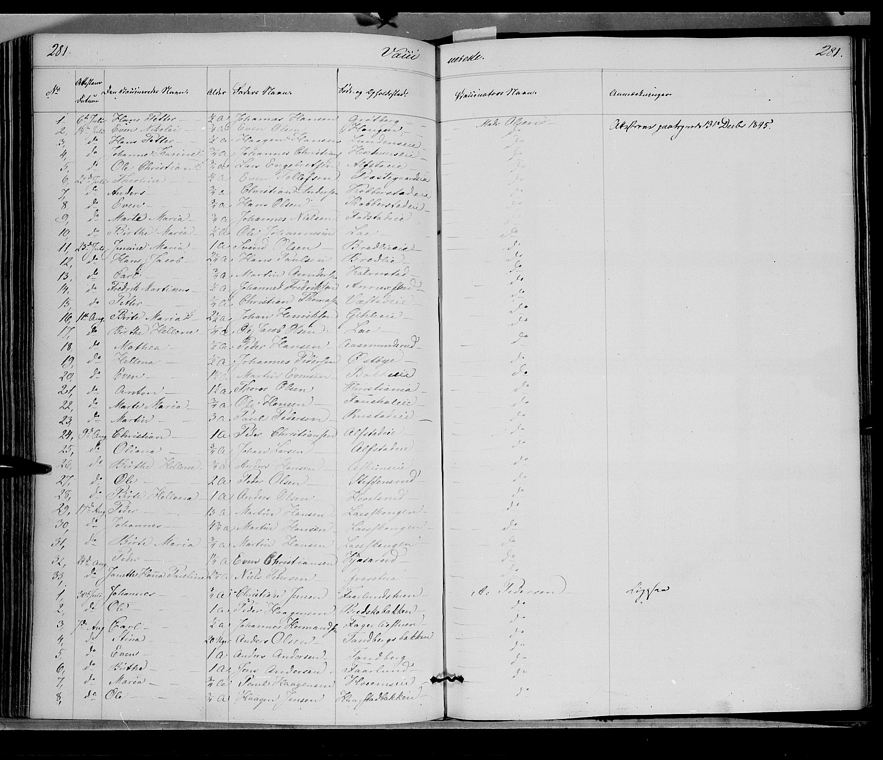 Østre Toten prestekontor, AV/SAH-PREST-104/H/Ha/Haa/L0002: Parish register (official) no. 2, 1840-1847, p. 281