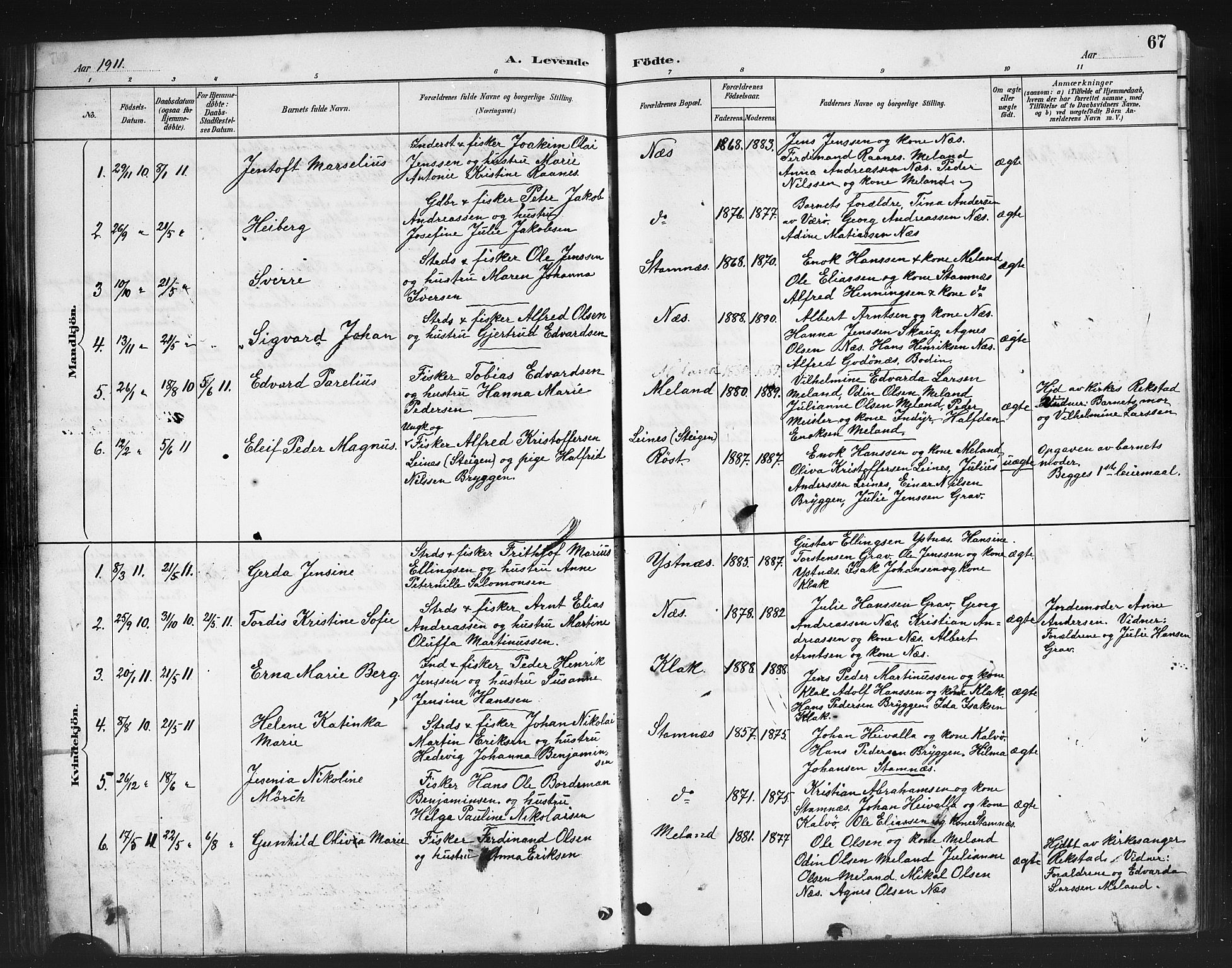 Ministerialprotokoller, klokkerbøker og fødselsregistre - Nordland, AV/SAT-A-1459/808/L0131: Parish register (copy) no. 808C02, 1879-1919, p. 67