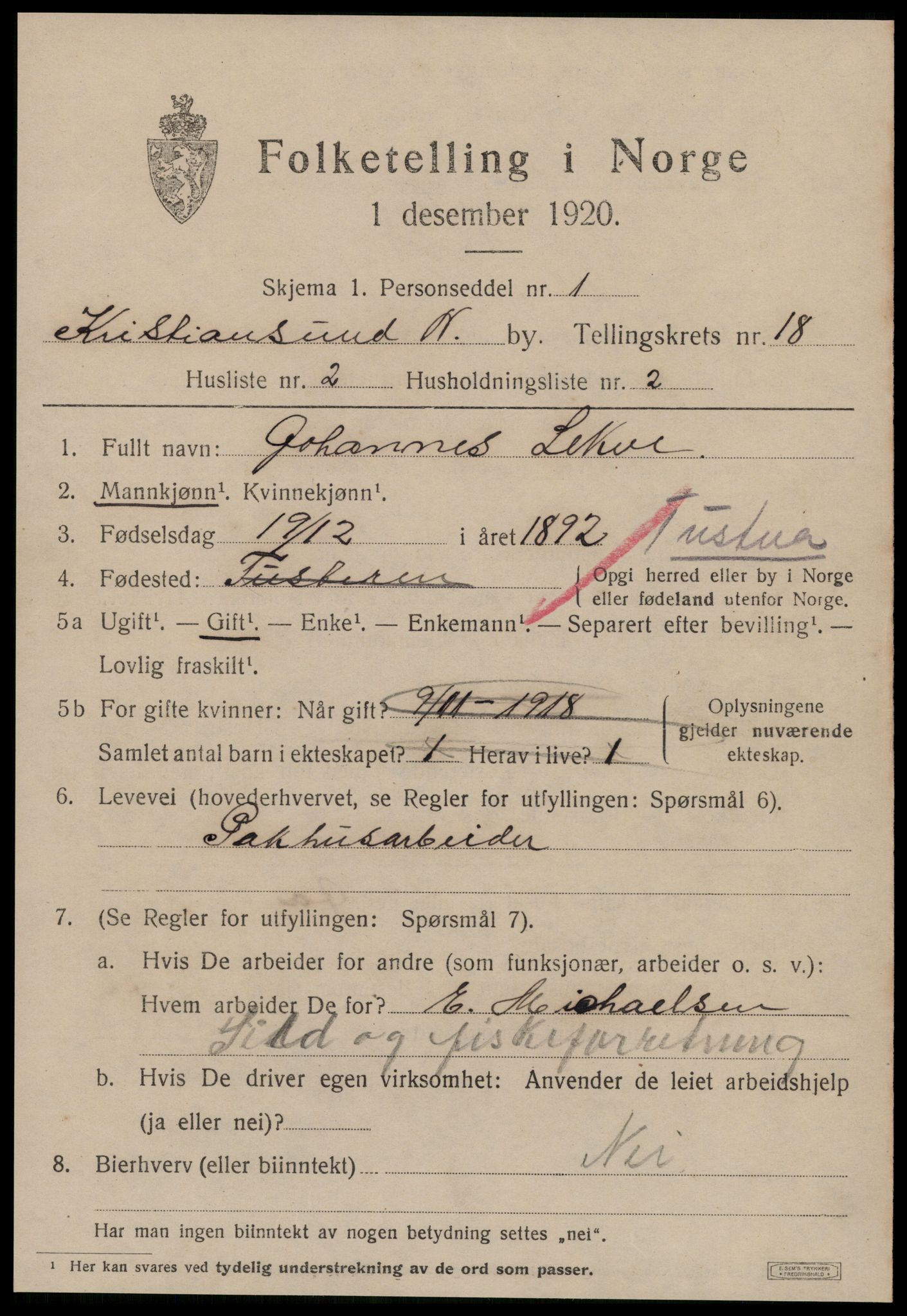 SAT, 1920 census for Kristiansund, 1920, p. 36975