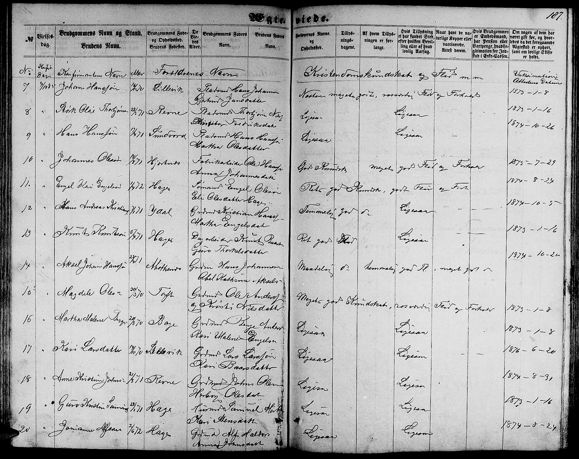 Fusa sokneprestembete, SAB/A-75401/H/Hab: Parish register (copy) no. C 1, 1861-1885, p. 187