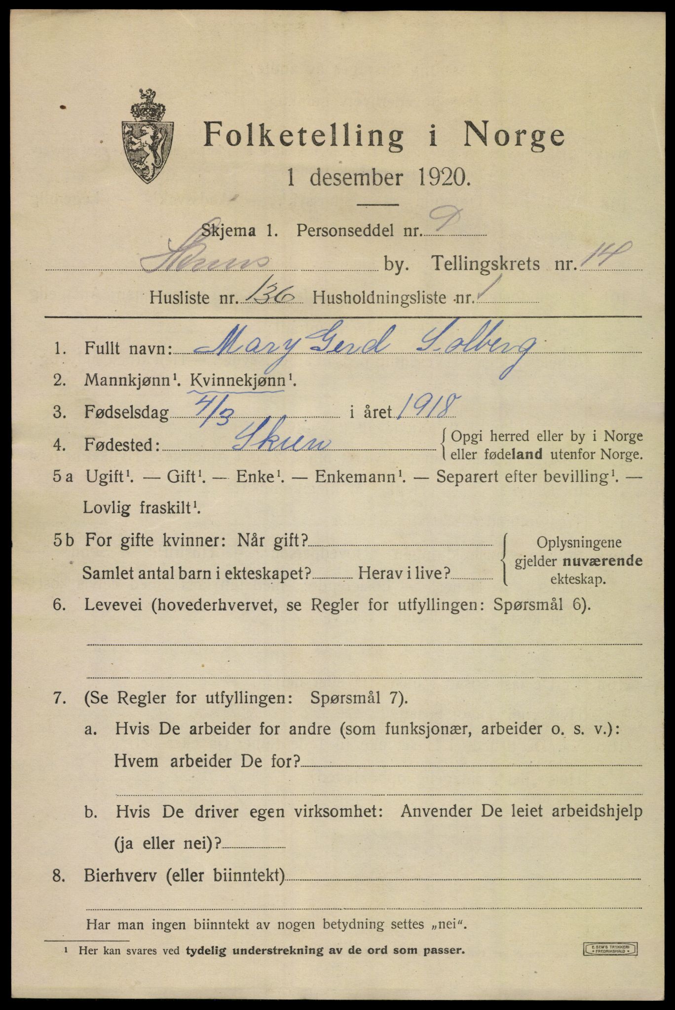 SAKO, 1920 census for Skien, 1920, p. 43532