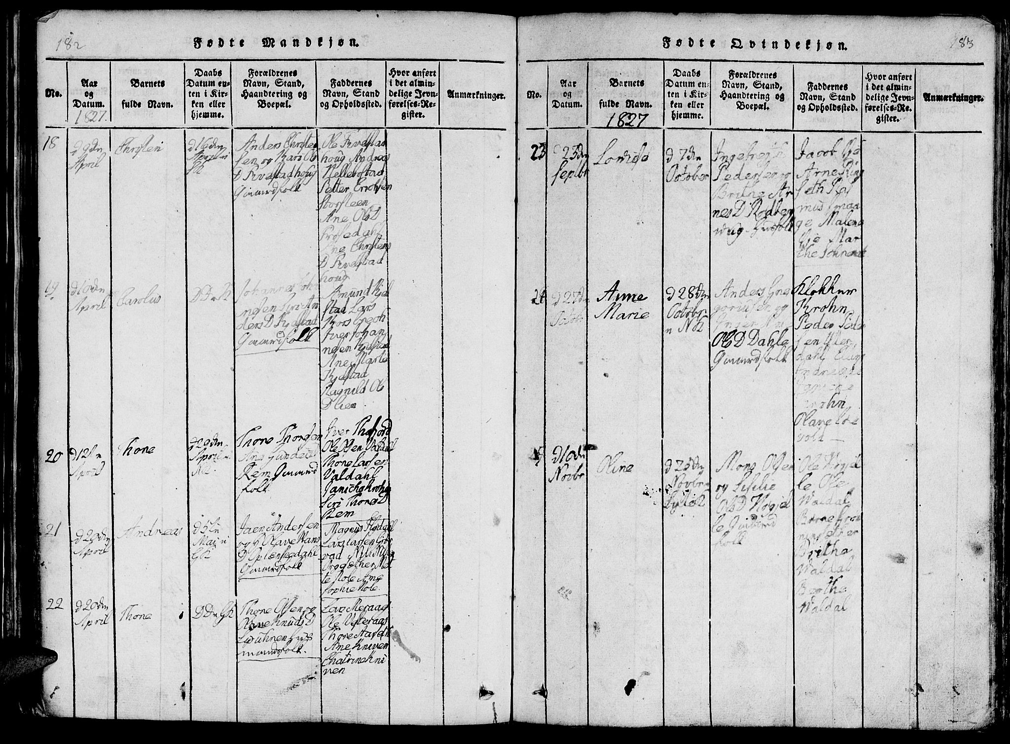 Ministerialprotokoller, klokkerbøker og fødselsregistre - Møre og Romsdal, AV/SAT-A-1454/519/L0260: Parish register (copy) no. 519C01, 1817-1829, p. 182-183