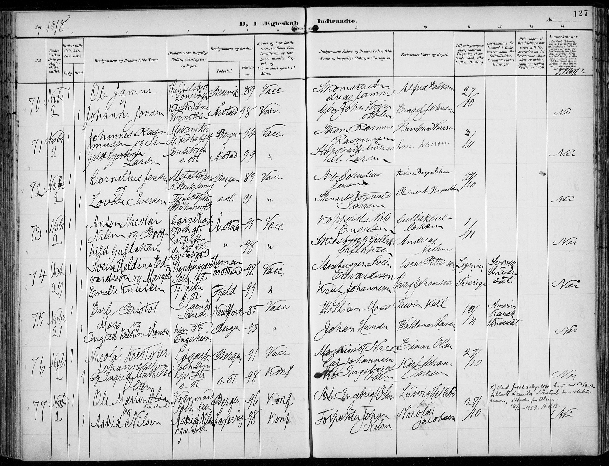 Årstad Sokneprestembete, AV/SAB-A-79301/H/Haa/L0009: Parish register (official) no. C 1, 1902-1918, p. 127