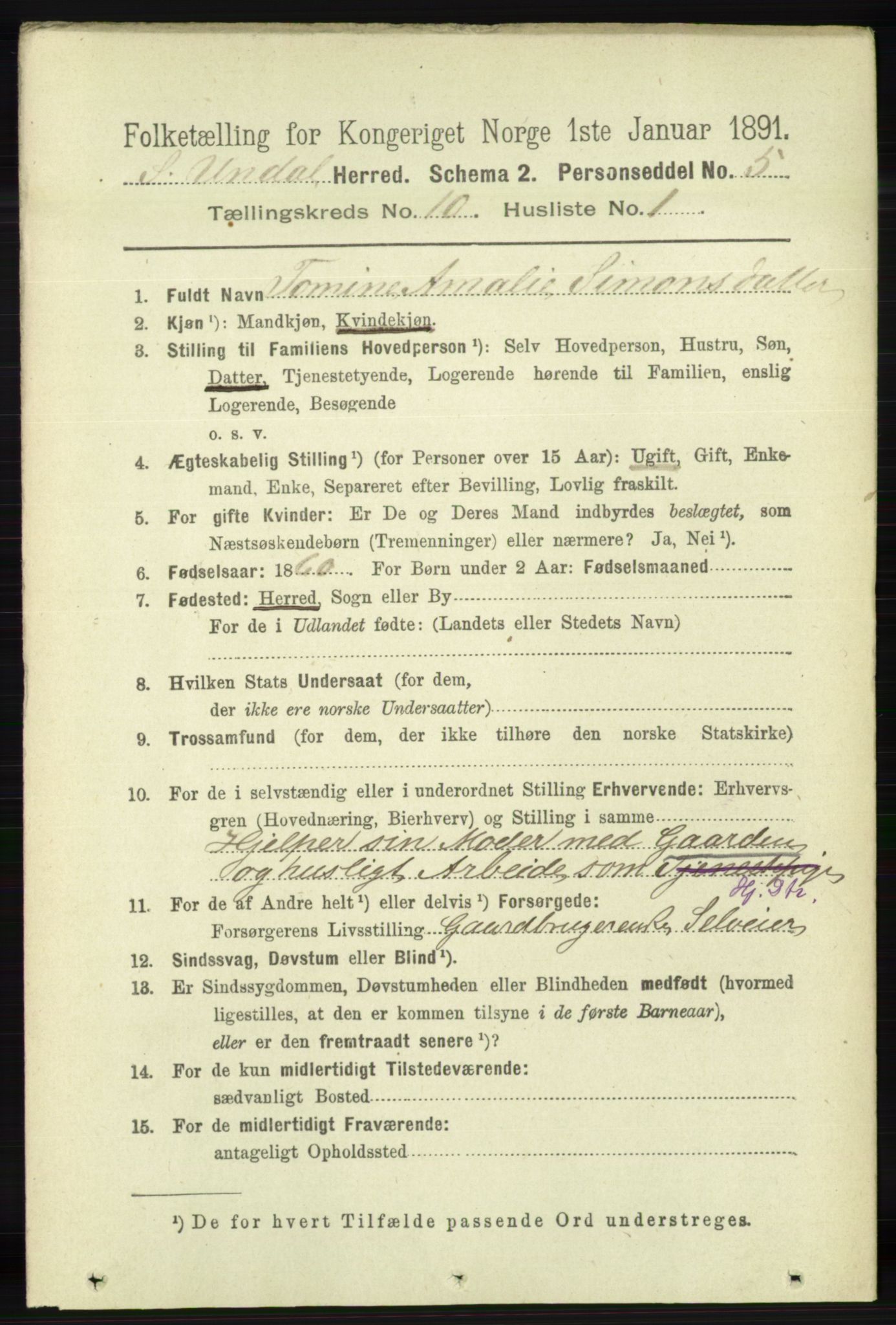 RA, 1891 census for 1029 Sør-Audnedal, 1891, p. 4436