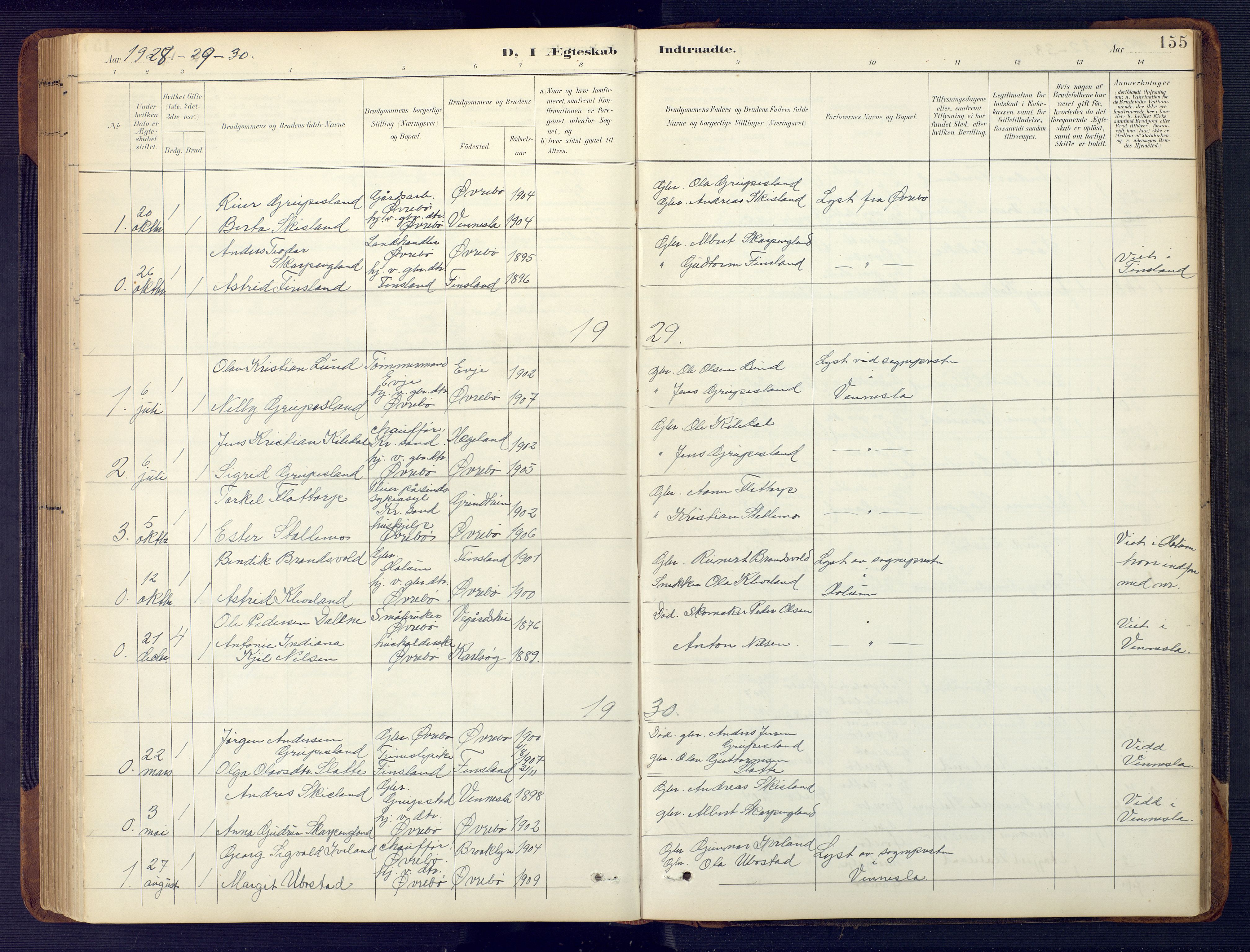 Vennesla sokneprestkontor, AV/SAK-1111-0045/Fb/Fbc/L0003: Parish register (copy) no. B 3, 1895-1946, p. 155