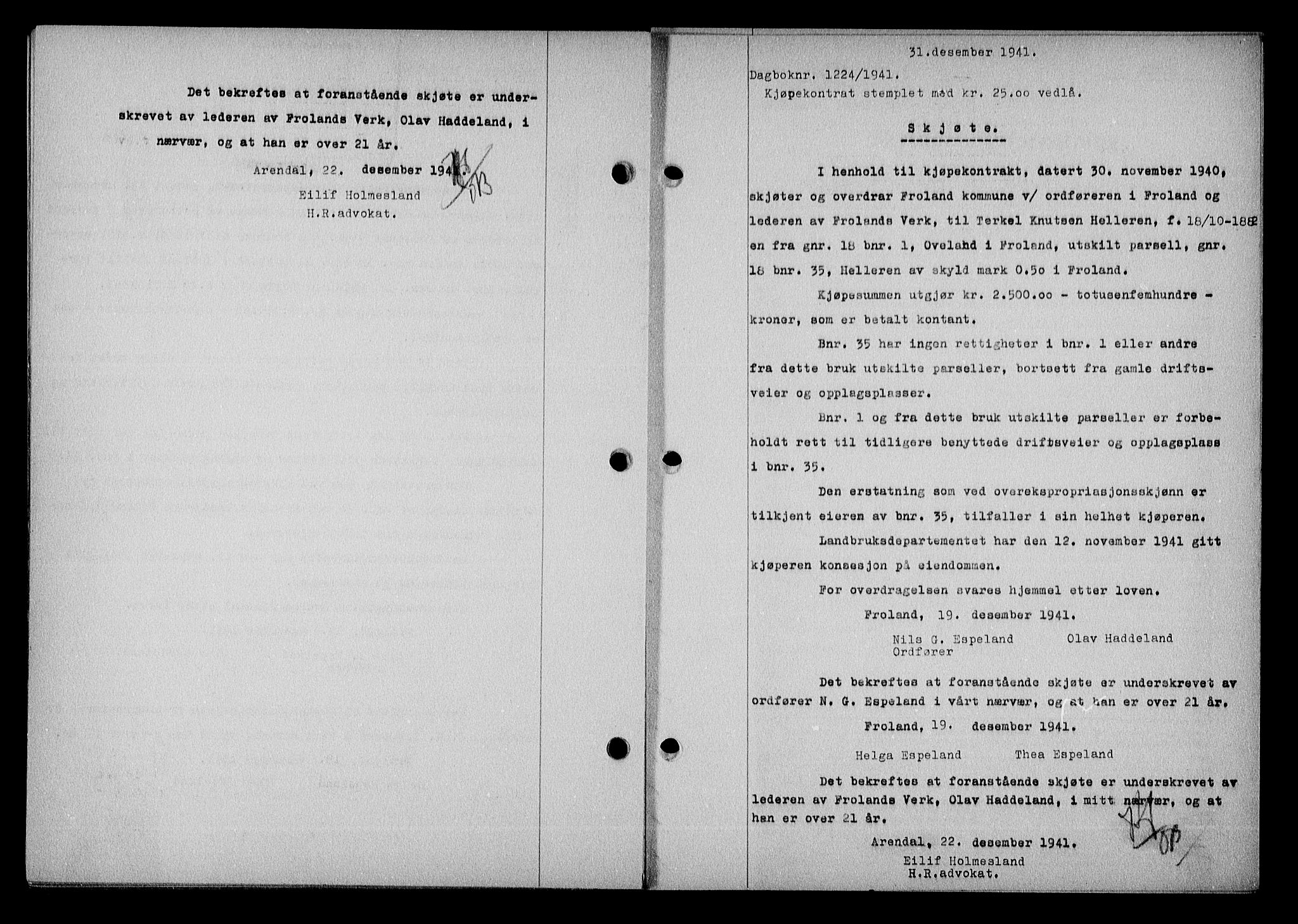 Nedenes sorenskriveri, SAK/1221-0006/G/Gb/Gba/L0049: Mortgage book no. A-III, 1941-1942, Diary no: : 1224/1941