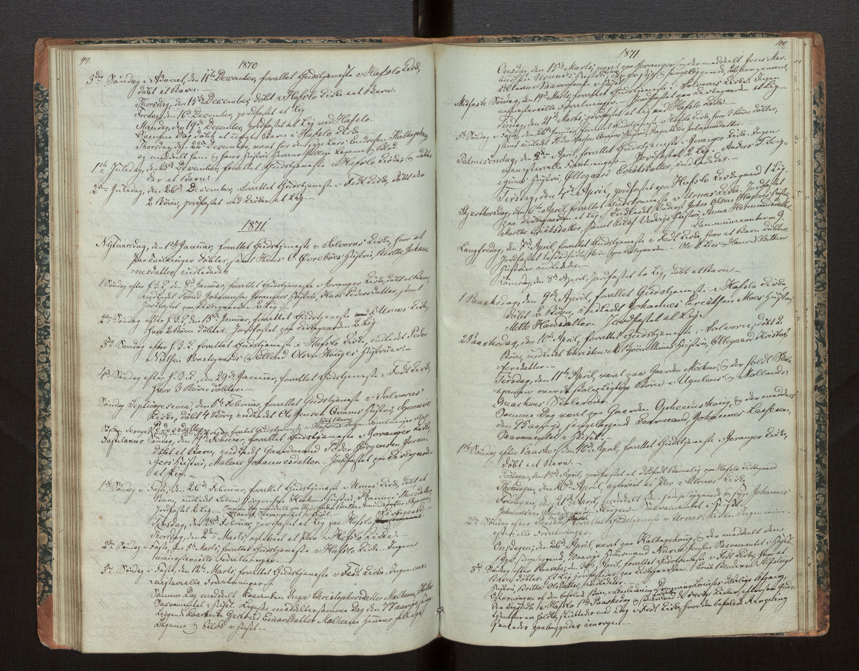 Hafslo sokneprestembete, AV/SAB-A-80301/H/Haa/Haaf/L0002: Diary records no. F 2, 1854-1879, p. 99-100