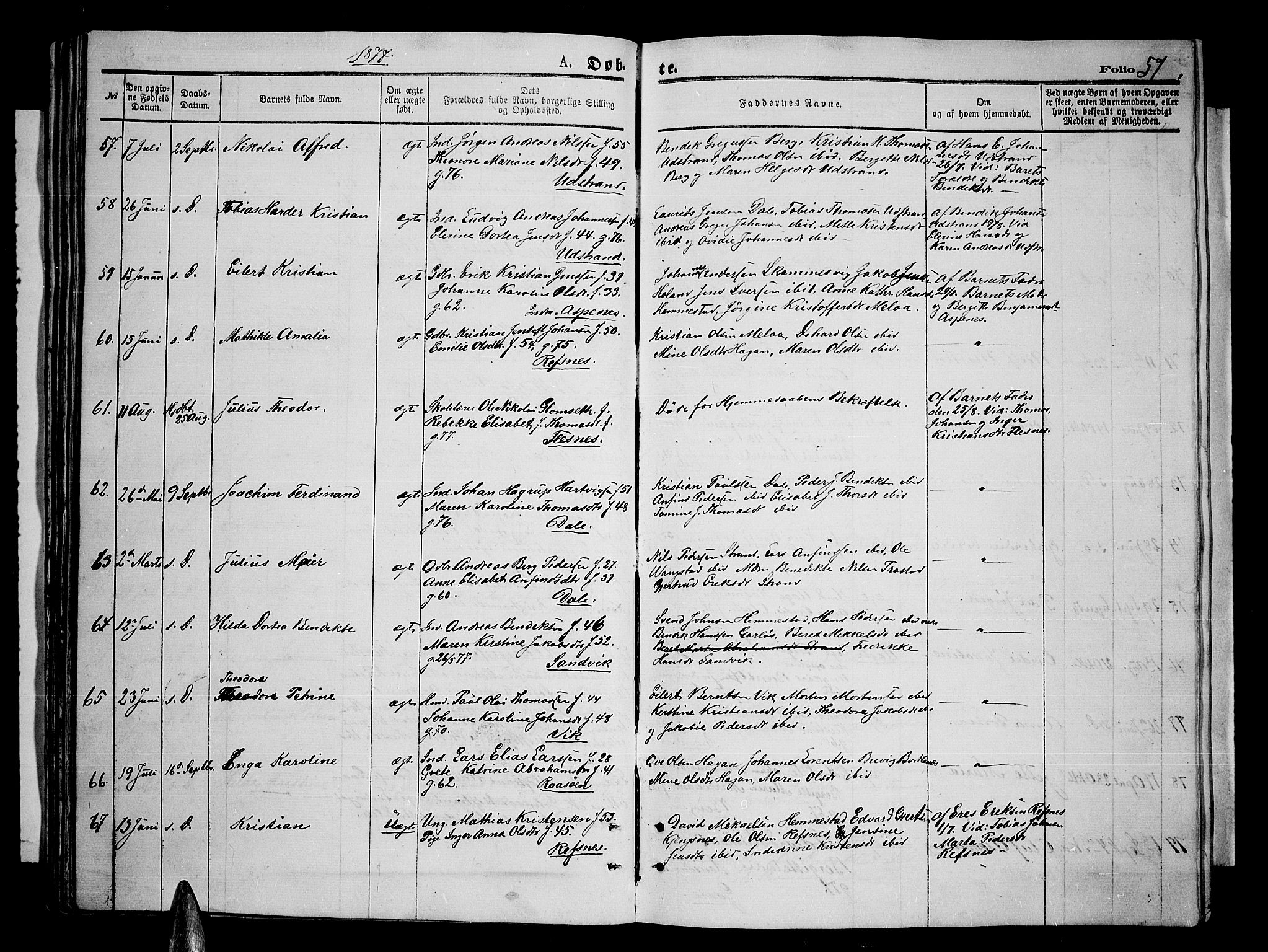 Kvæfjord sokneprestkontor, AV/SATØ-S-1323/G/Ga/Gab/L0004klokker: Parish register (copy) no. 4, 1870-1886, p. 57
