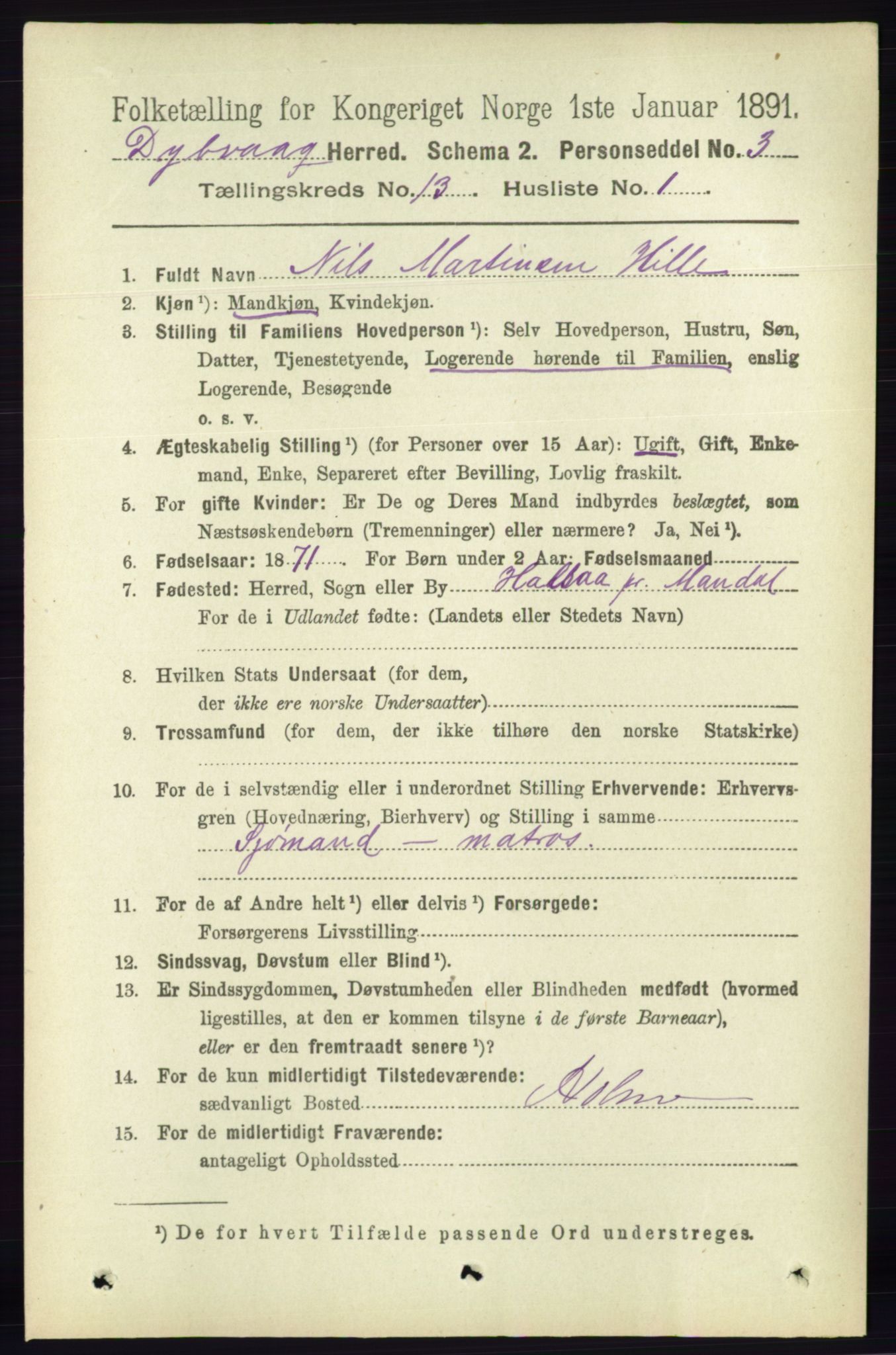 RA, 1891 census for 0915 Dypvåg, 1891, p. 5301