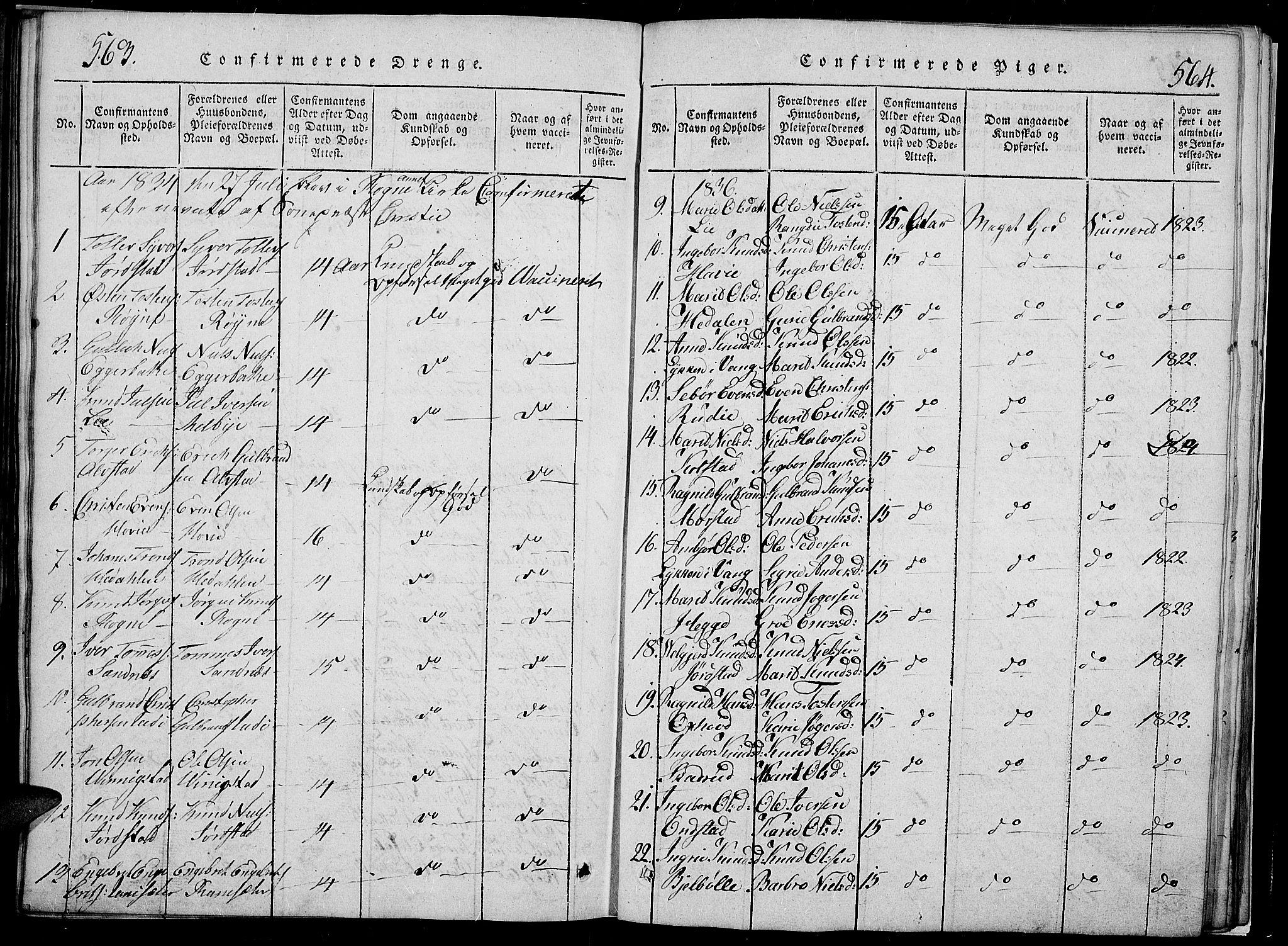 Slidre prestekontor, SAH/PREST-134/H/Ha/Hab/L0002: Parish register (copy) no. 2, 1814-1839, p. 563-564