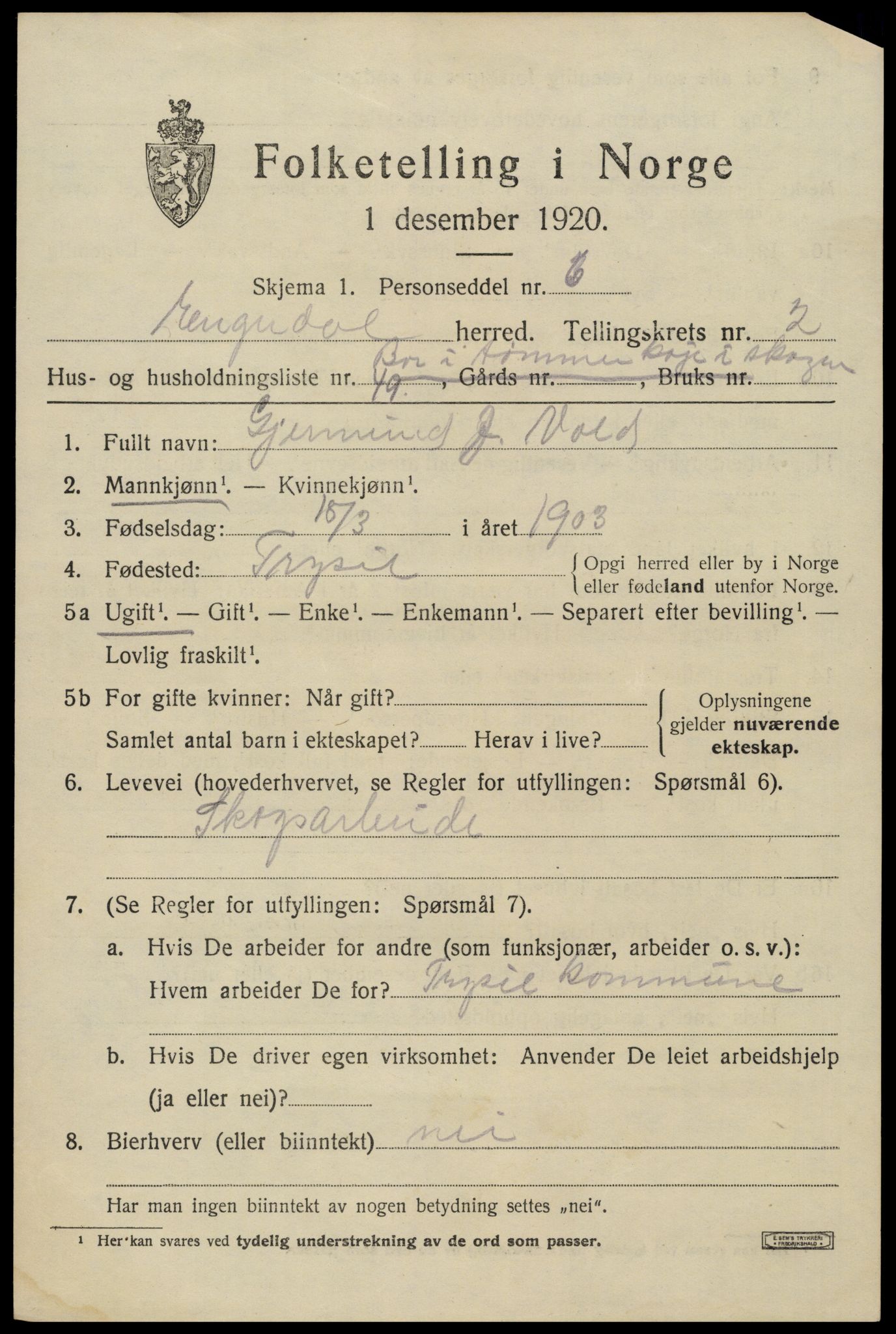 SAH, 1920 census for Engerdal, 1920, p. 1509