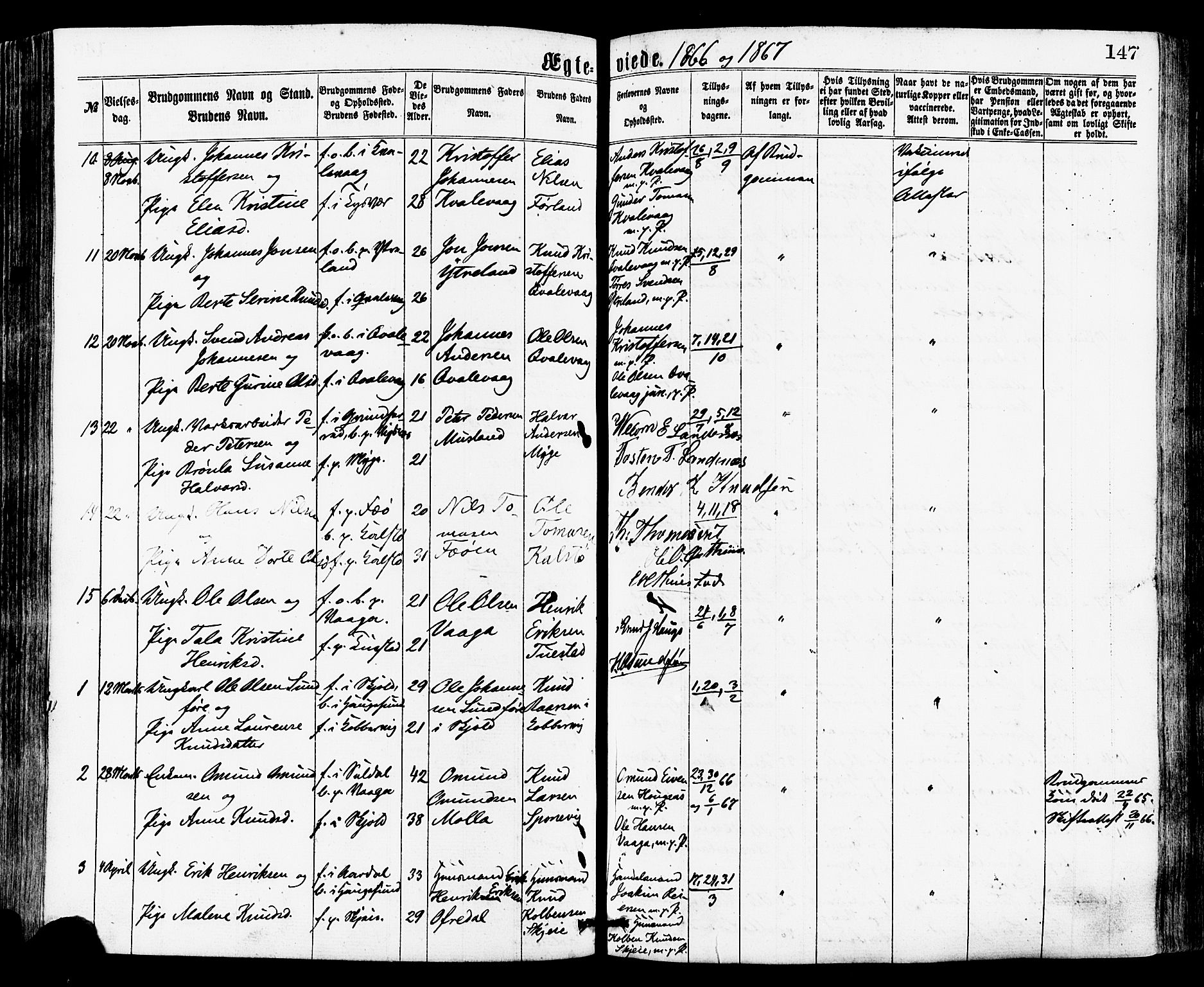 Avaldsnes sokneprestkontor, AV/SAST-A -101851/H/Ha/Haa/L0012: Parish register (official) no. A 12, 1865-1880, p. 147