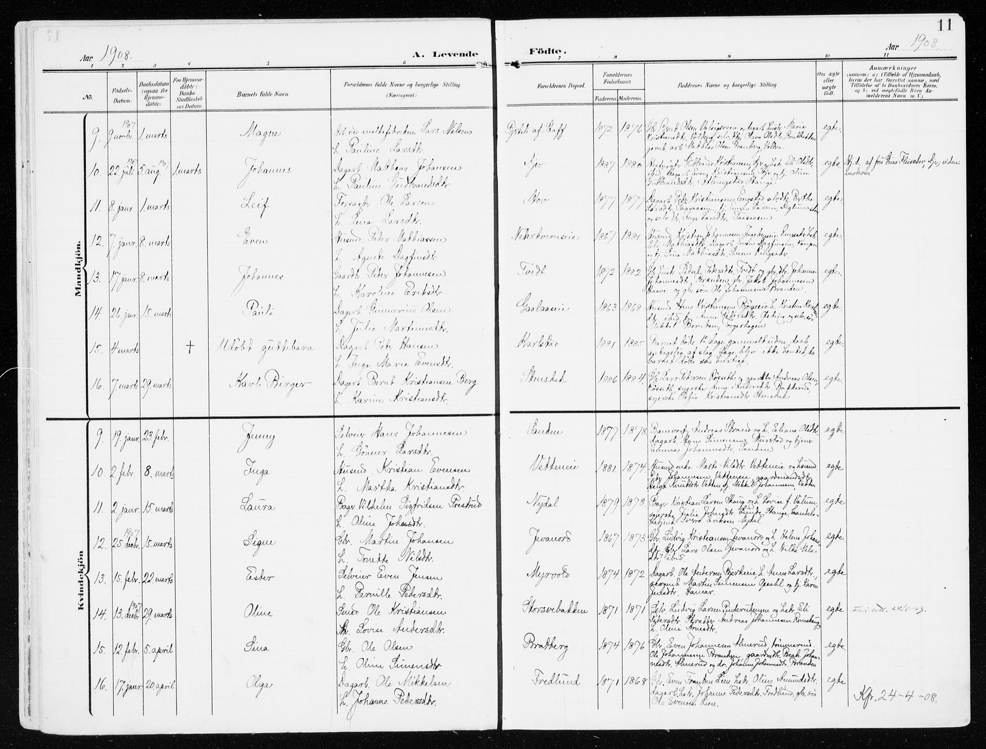 Furnes prestekontor, SAH/PREST-012/K/Ka/L0001: Parish register (official) no. 1, 1907-1935, p. 11