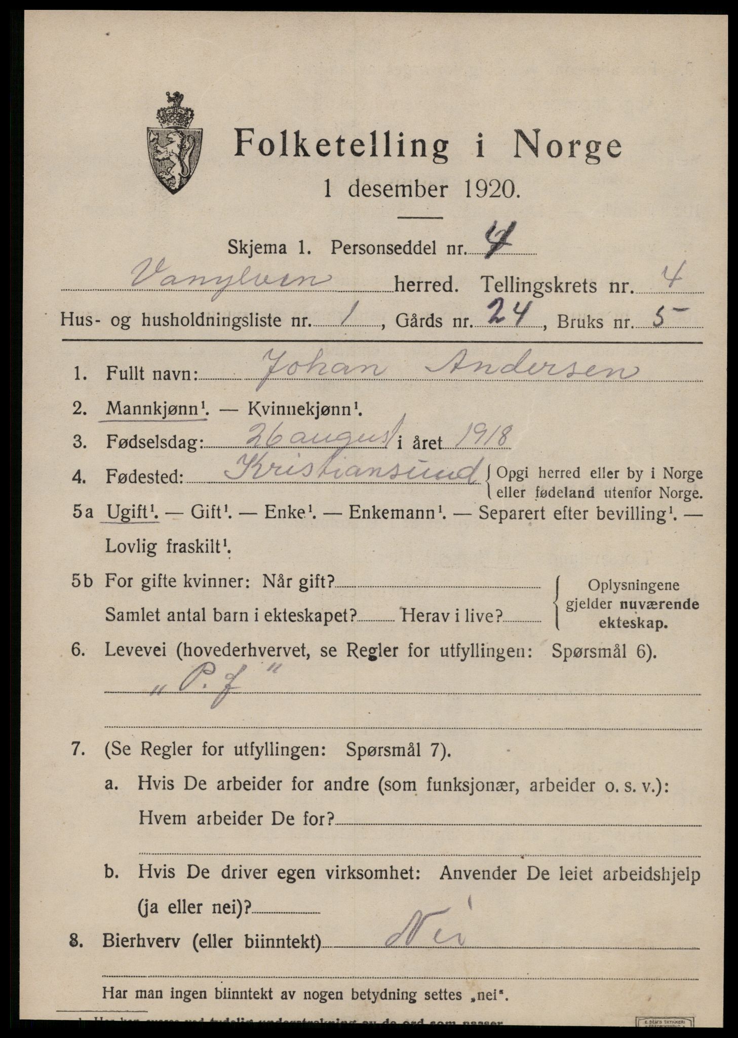 SAT, 1920 census for Vanylven, 1920, p. 2273