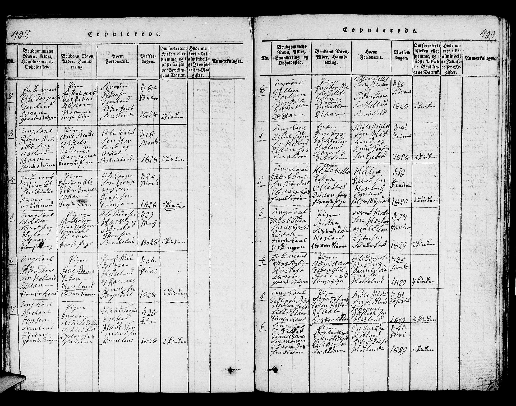 Helleland sokneprestkontor, AV/SAST-A-101810: Parish register (copy) no. B 1, 1815-1841, p. 408-409