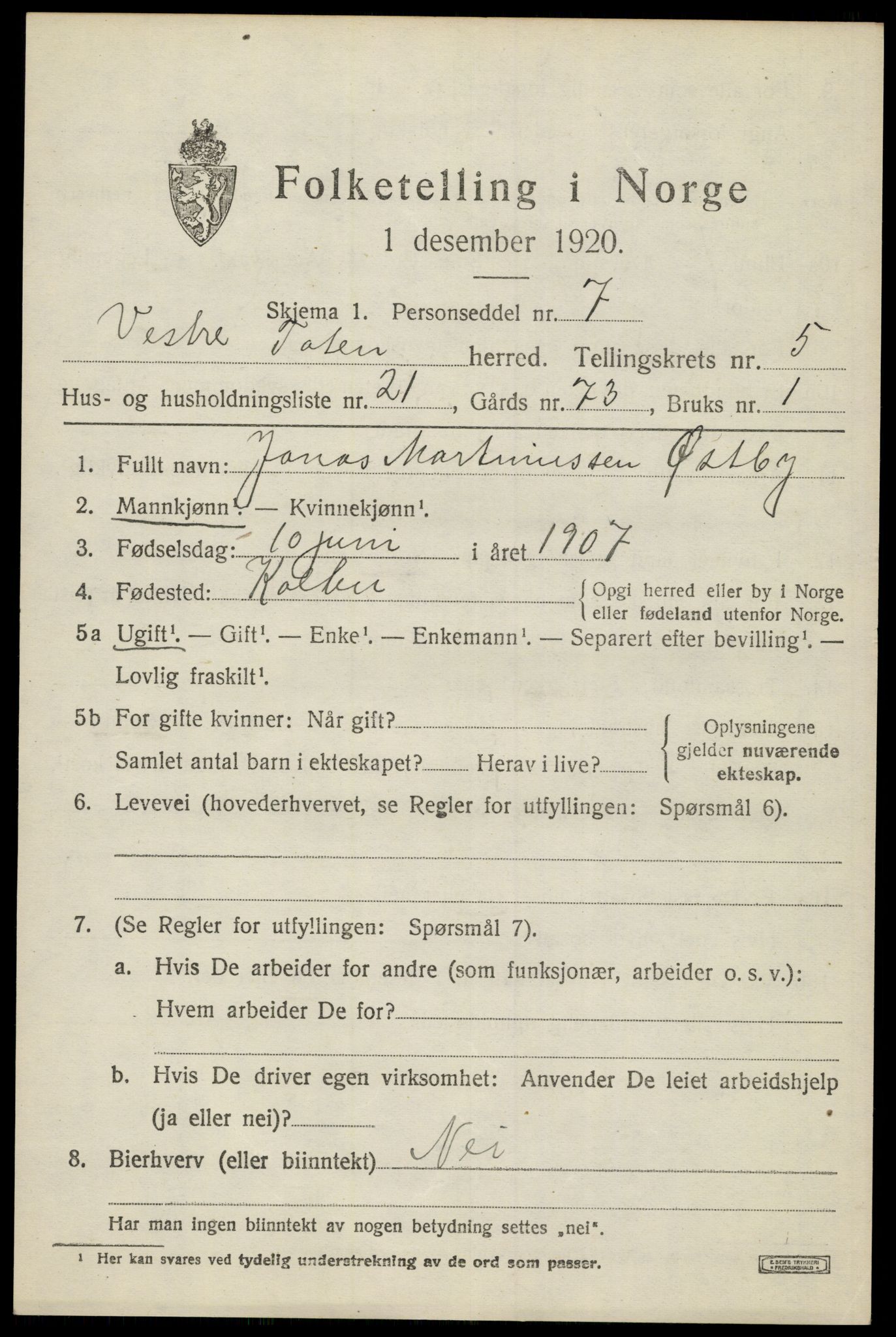 SAH, 1920 census for Vestre Toten, 1920, p. 7556