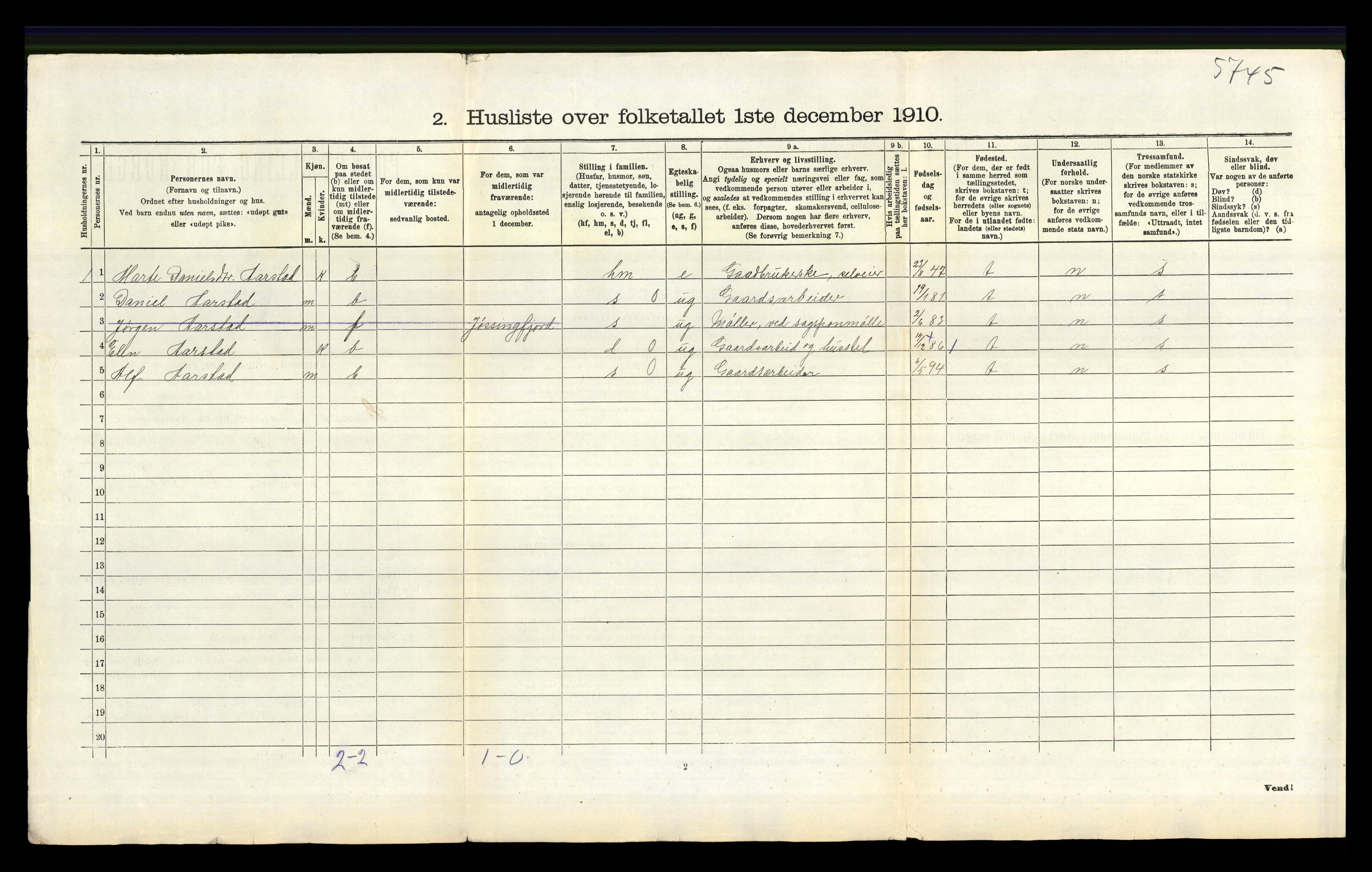 RA, 1910 census for Sokndal, 1910, p. 581