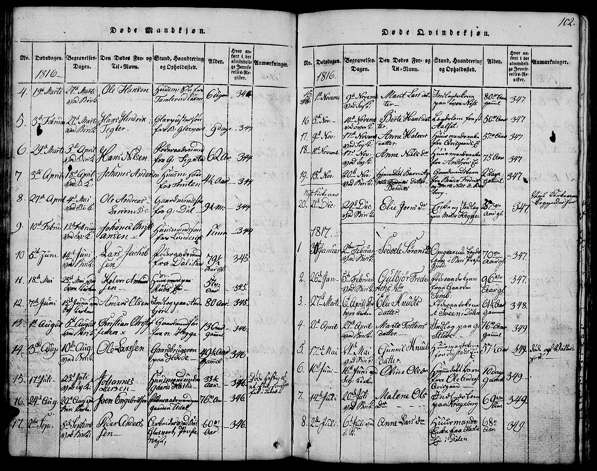 Biri prestekontor, SAH/PREST-096/H/Ha/Hab/L0001: Parish register (copy) no. 1, 1814-1828, p. 102