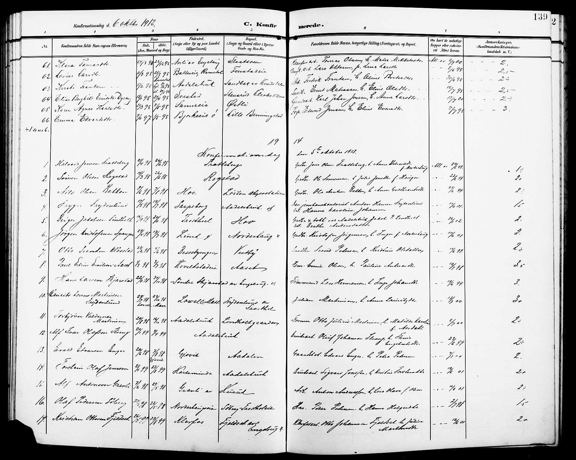 Løten prestekontor, SAH/PREST-022/L/La/L0007: Parish register (copy) no. 7, 1910-1919, p. 139