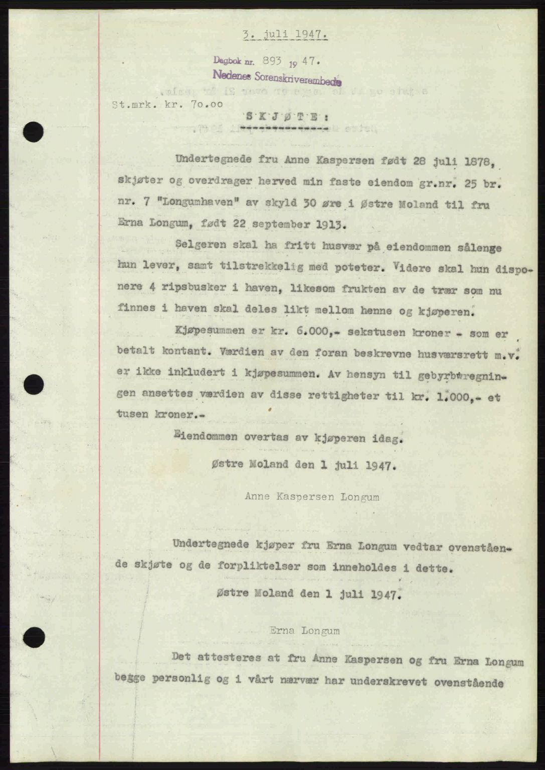 Nedenes sorenskriveri, AV/SAK-1221-0006/G/Gb/Gba/L0057: Mortgage book no. A9, 1947-1947, Diary no: : 893/1947