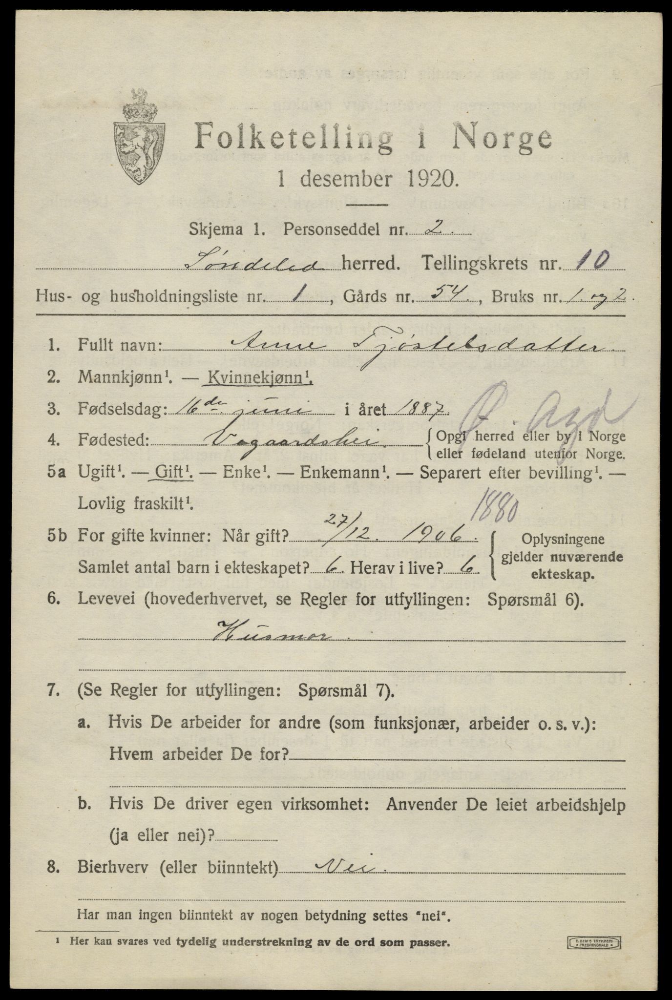 SAK, 1920 census for Søndeled, 1920, p. 4949