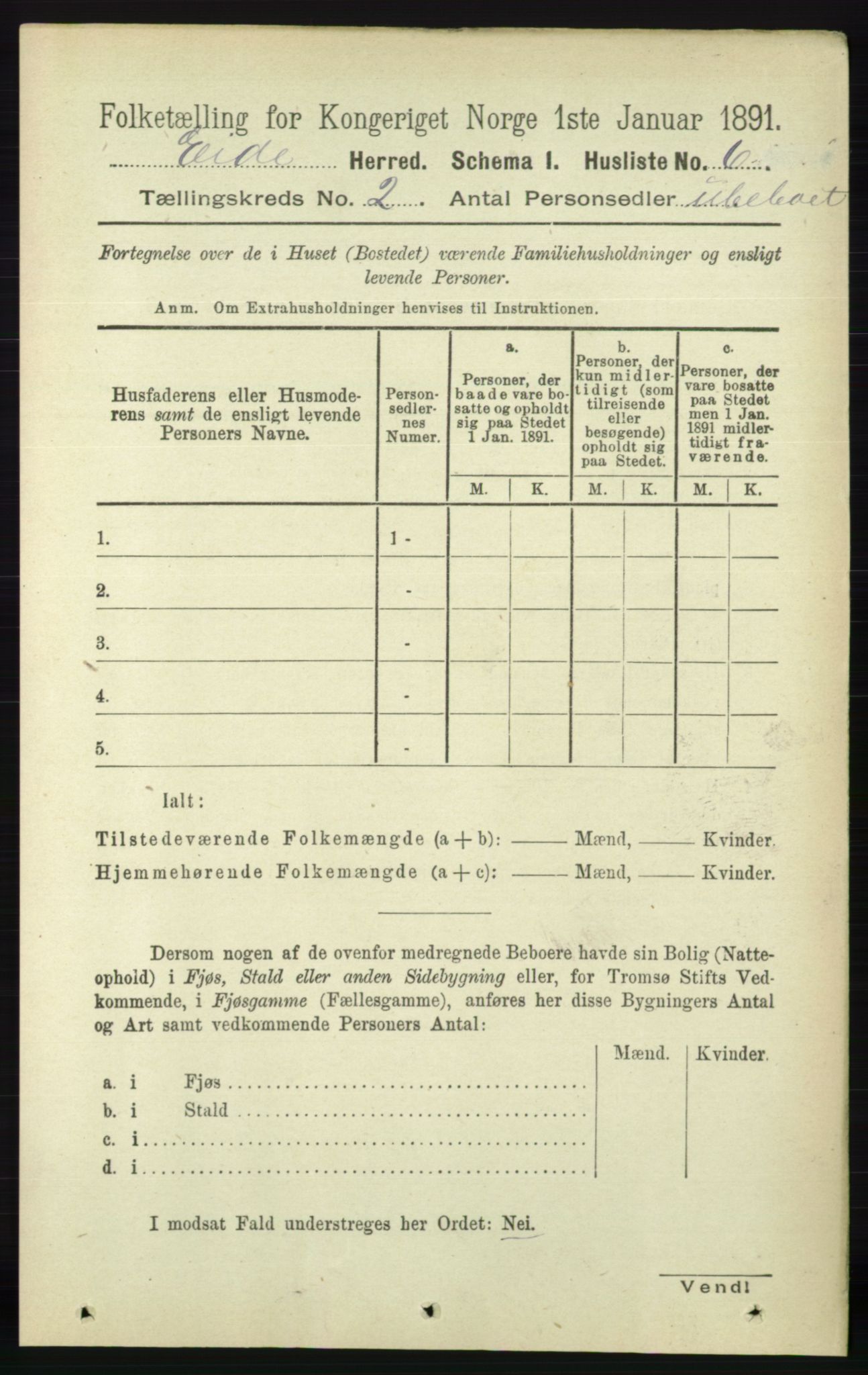 RA, 1891 census for 0925 Eide, 1891, p. 287