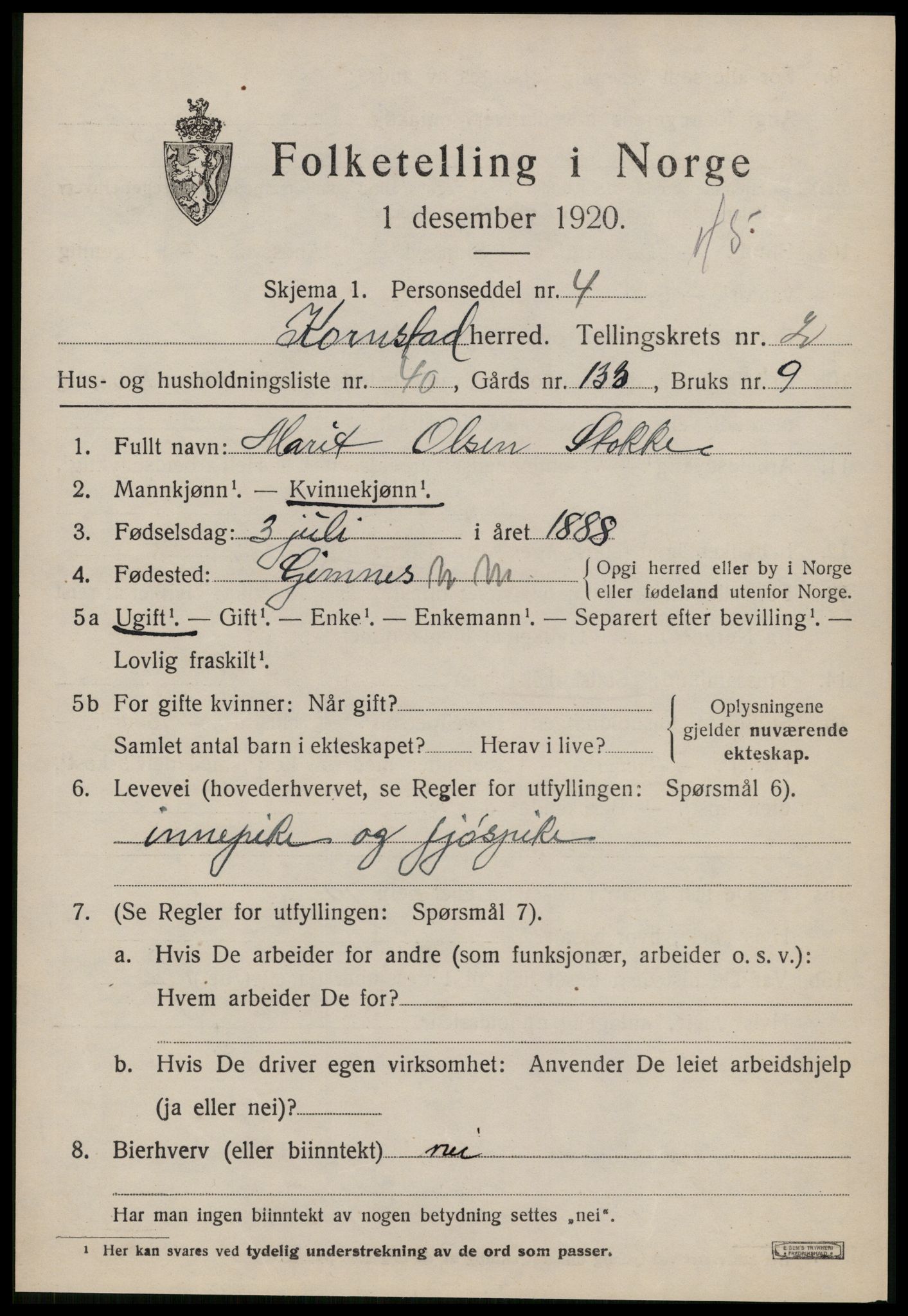 SAT, 1920 census for Kornstad, 1920, p. 1899