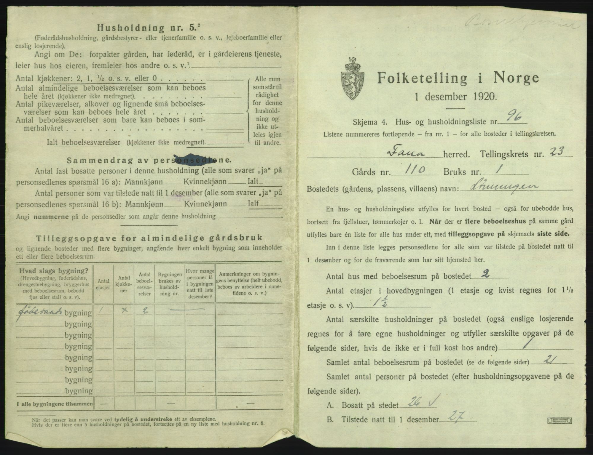 SAB, 1920 census for Fana, 1920, p. 3514