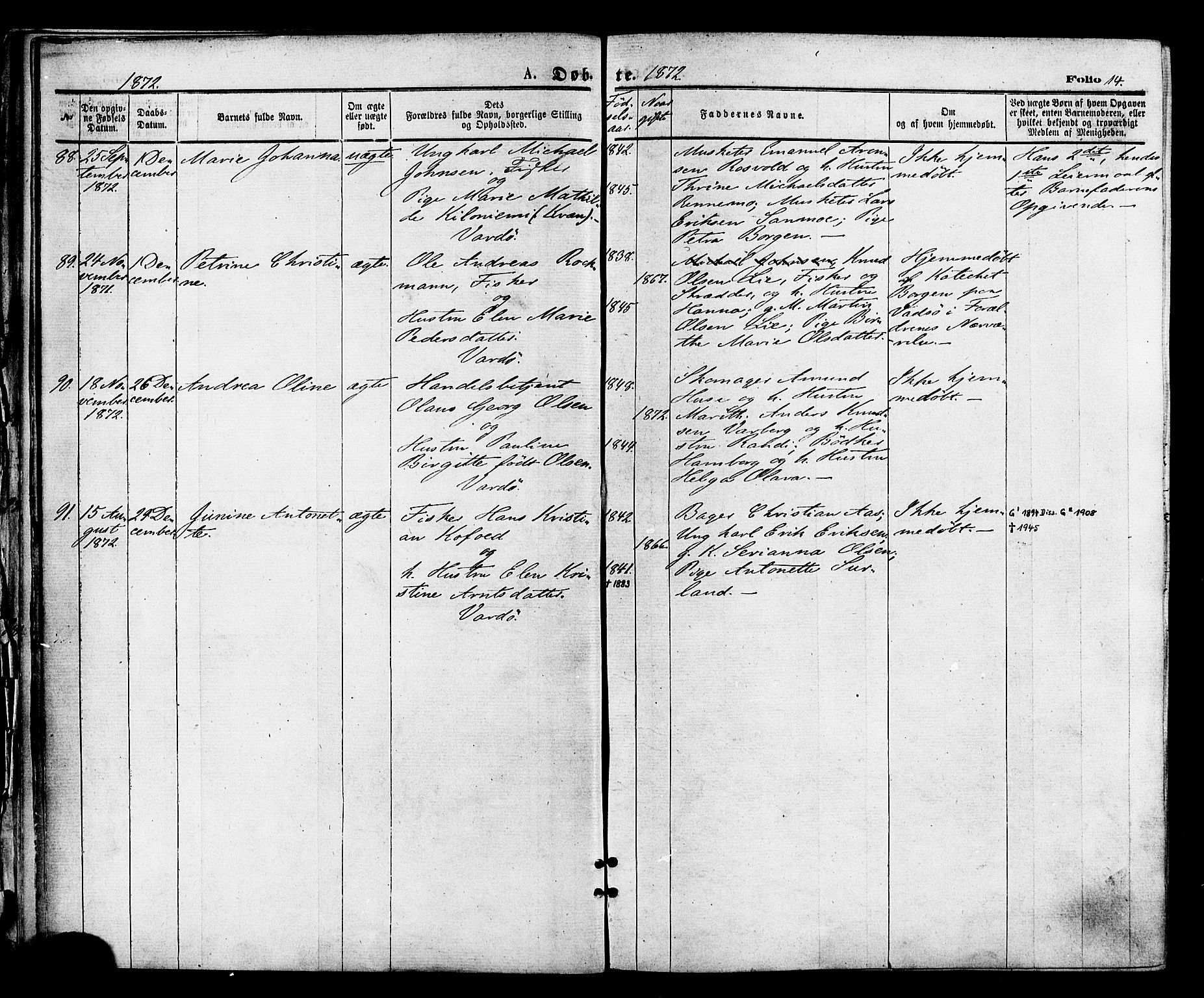 Vardø sokneprestkontor, SATØ/S-1332/H/Ha/L0005kirke: Parish register (official) no. 5, 1872-1878, p. 14