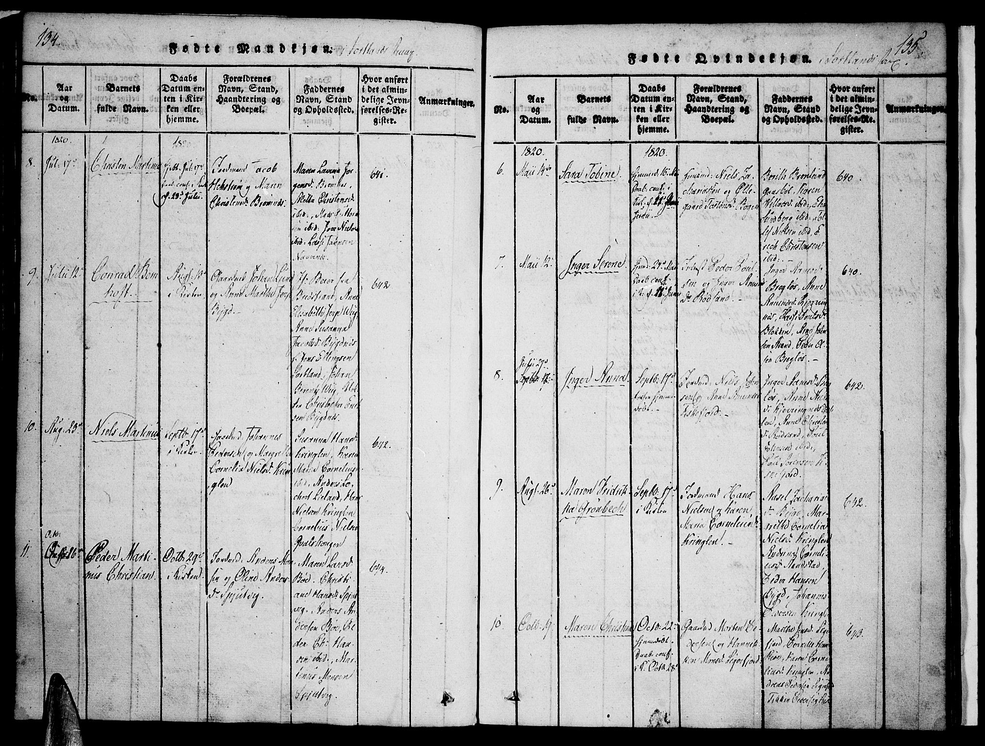 Ministerialprotokoller, klokkerbøker og fødselsregistre - Nordland, SAT/A-1459/888/L1237: Parish register (official) no. 888A05 /2, 1820-1836, p. 134-135