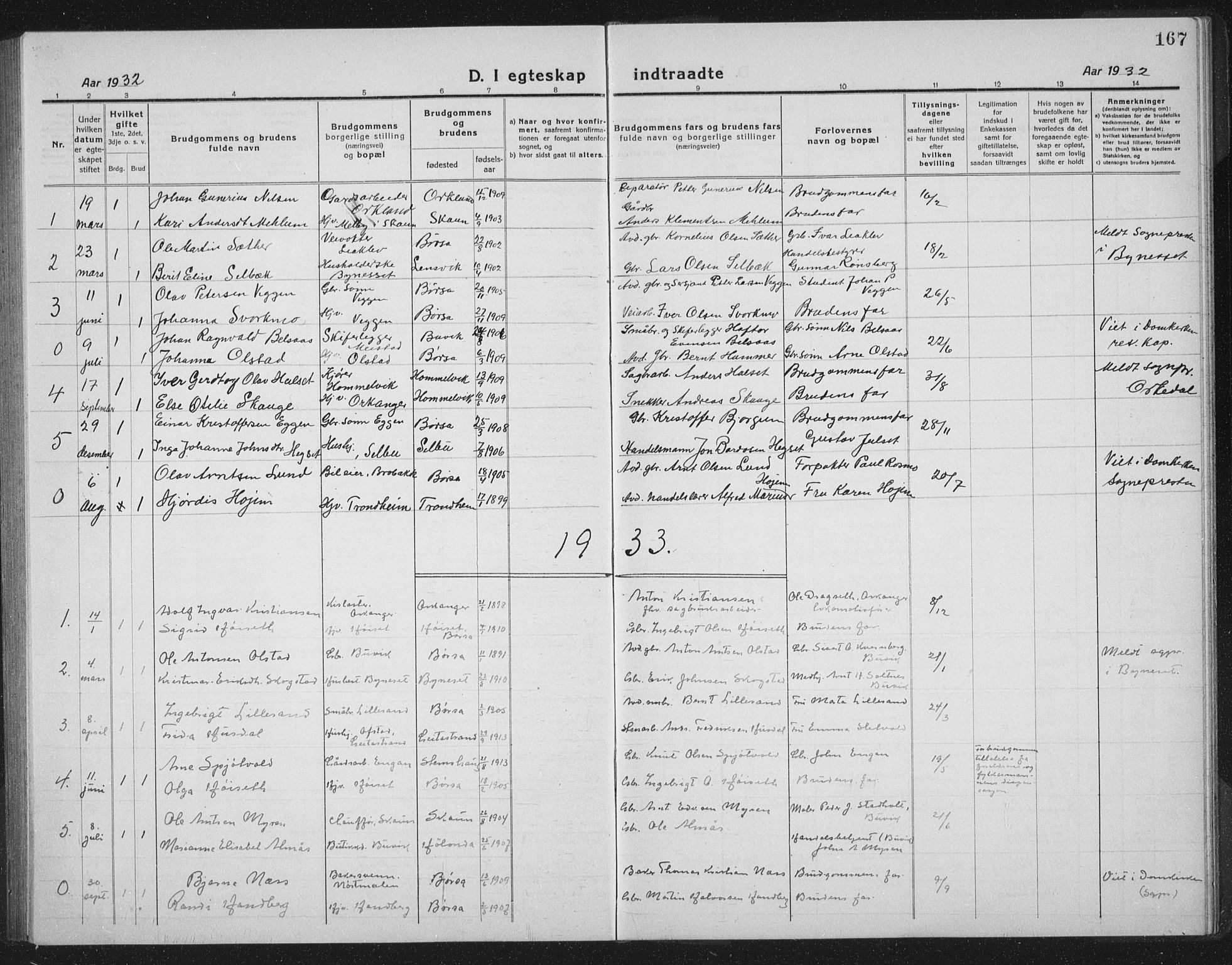 Ministerialprotokoller, klokkerbøker og fødselsregistre - Sør-Trøndelag, AV/SAT-A-1456/665/L0778: Parish register (copy) no. 665C03, 1916-1938, p. 167