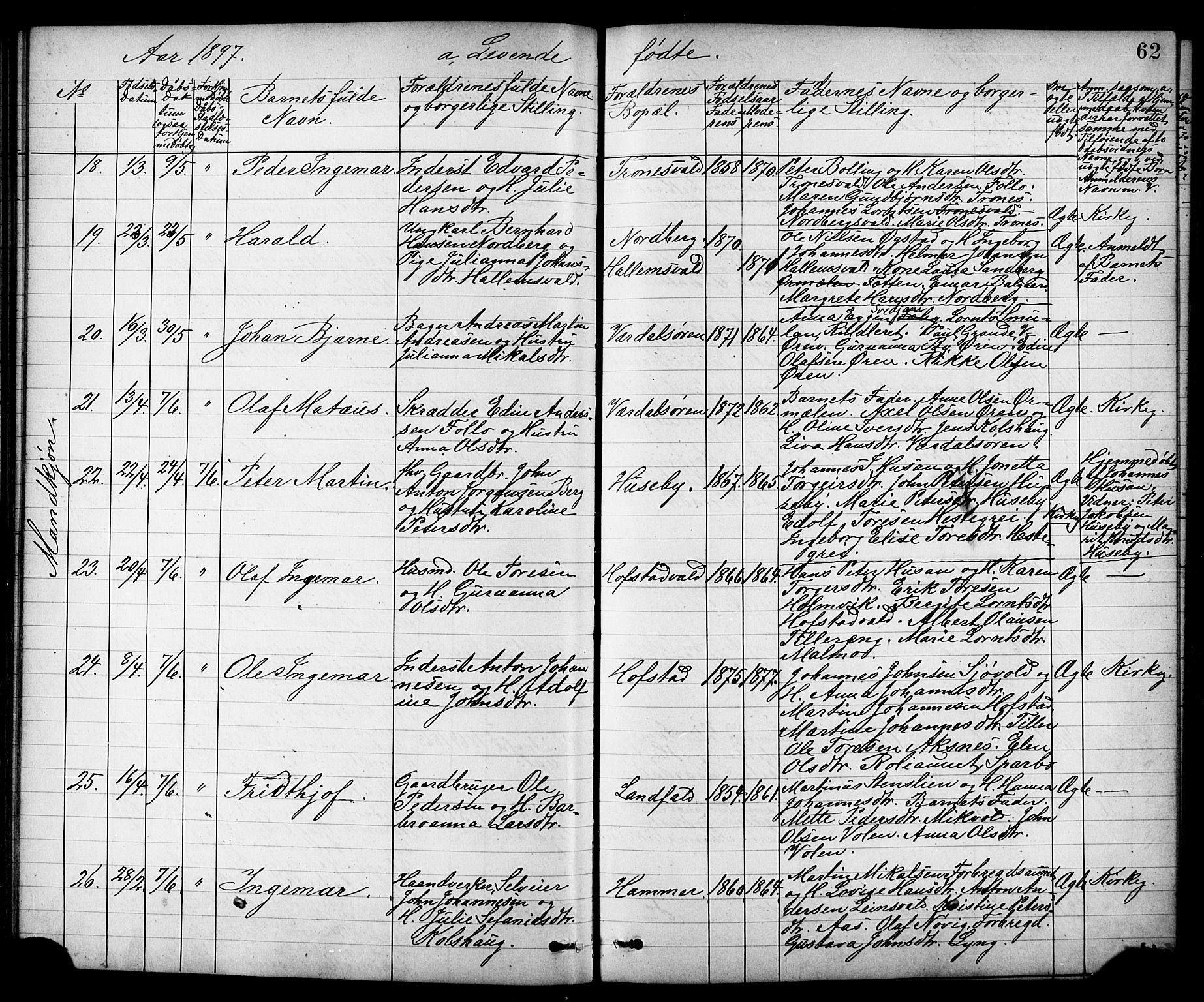 Ministerialprotokoller, klokkerbøker og fødselsregistre - Nord-Trøndelag, AV/SAT-A-1458/723/L0257: Parish register (copy) no. 723C05, 1890-1907, p. 62