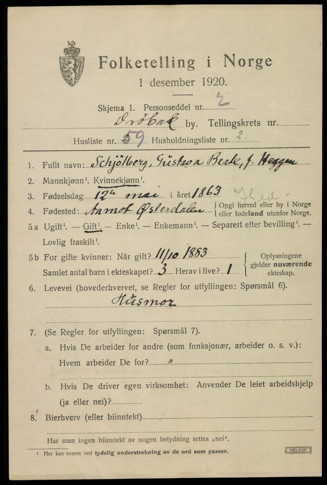 SAO, 1920 census for Drøbak, 1920, p. 2687