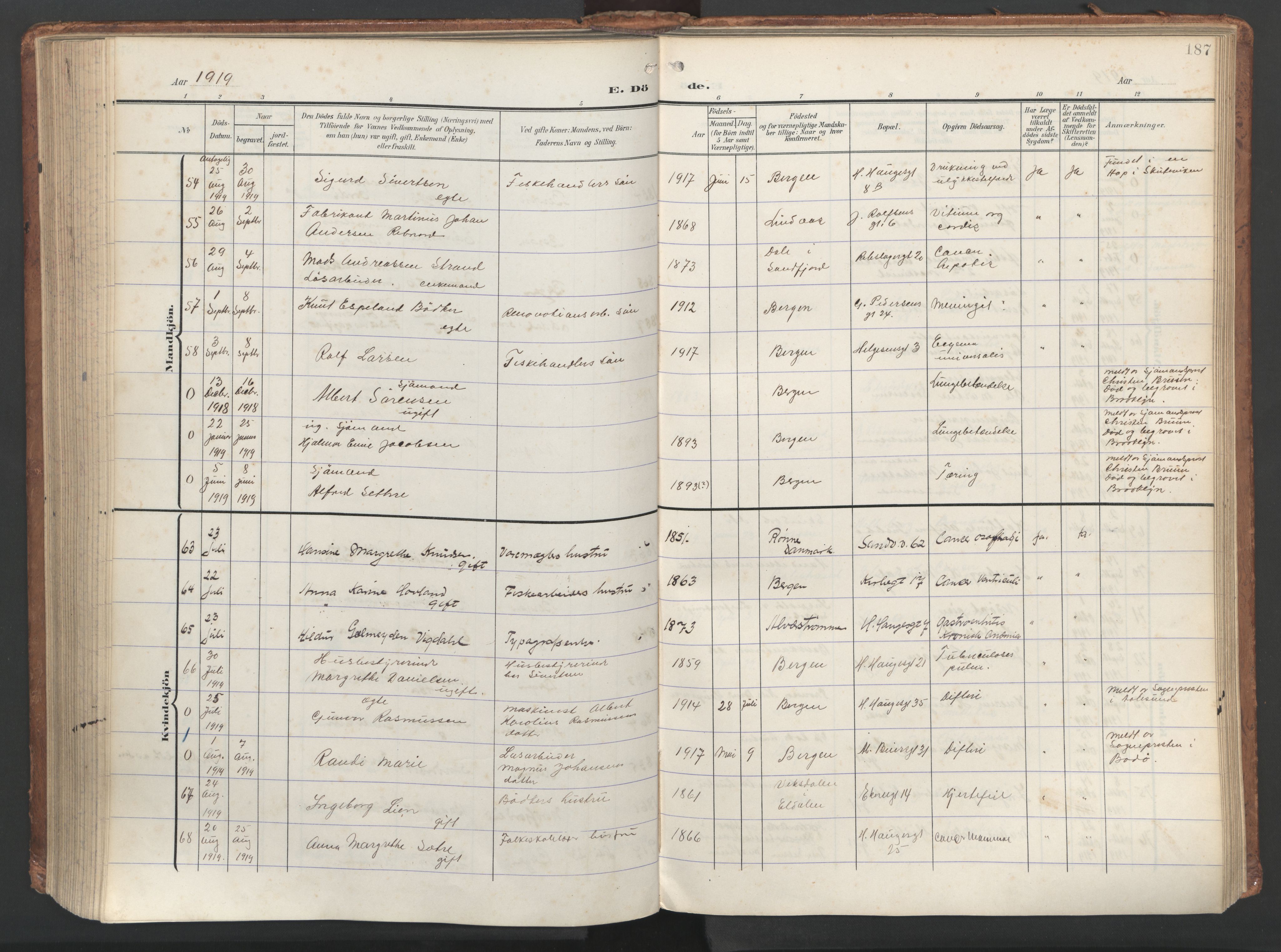 Sandviken Sokneprestembete, AV/SAB-A-77601/H/Ha/L0019: Parish register (official) no. E 2, 1905-1933, p. 187