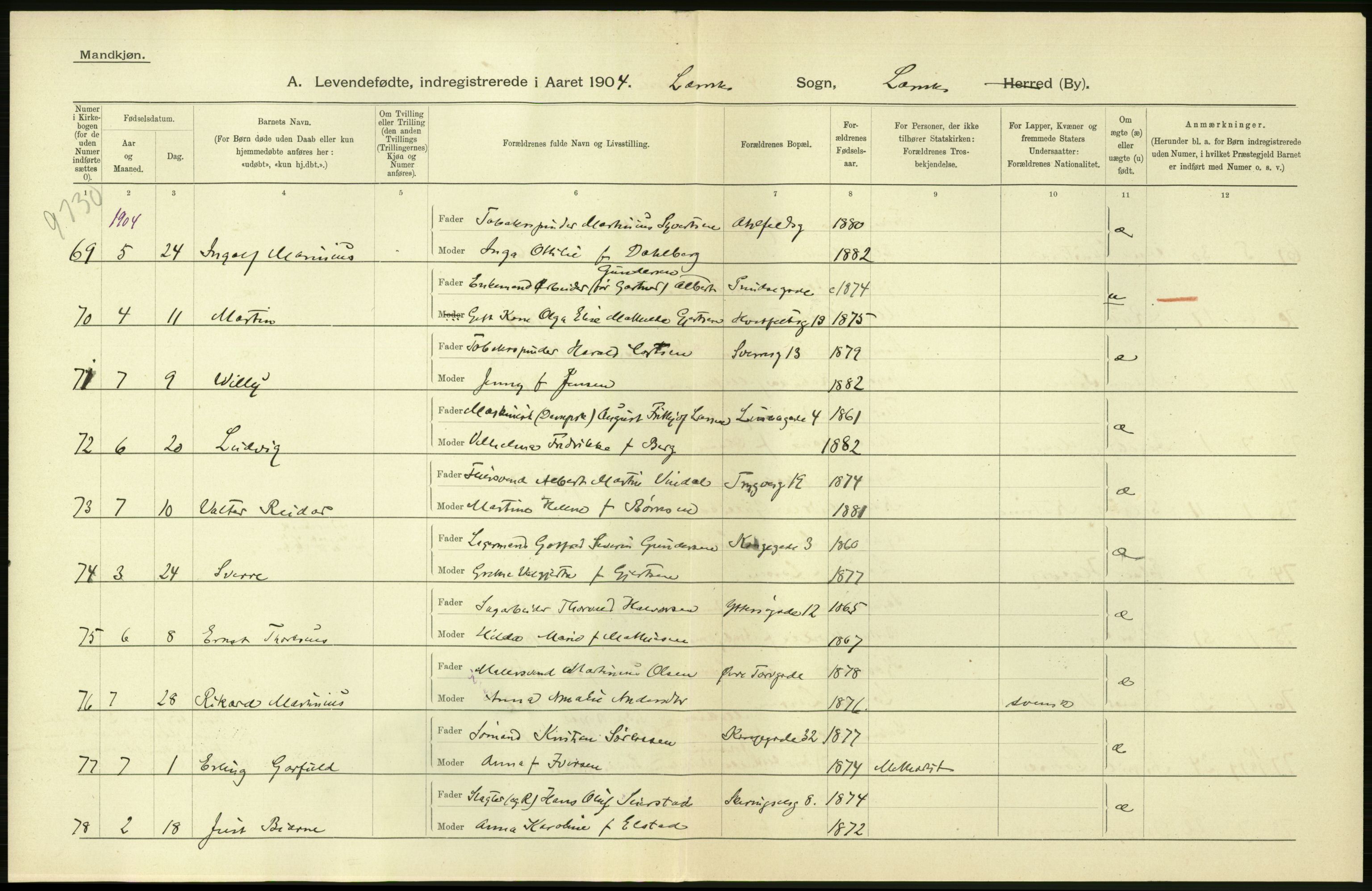 Statistisk sentralbyrå, Sosiodemografiske emner, Befolkning, AV/RA-S-2228/D/Df/Dfa/Dfab/L0008: Jarlsberg og Larvig amt: Fødte, gifte, døde, 1904, p. 272