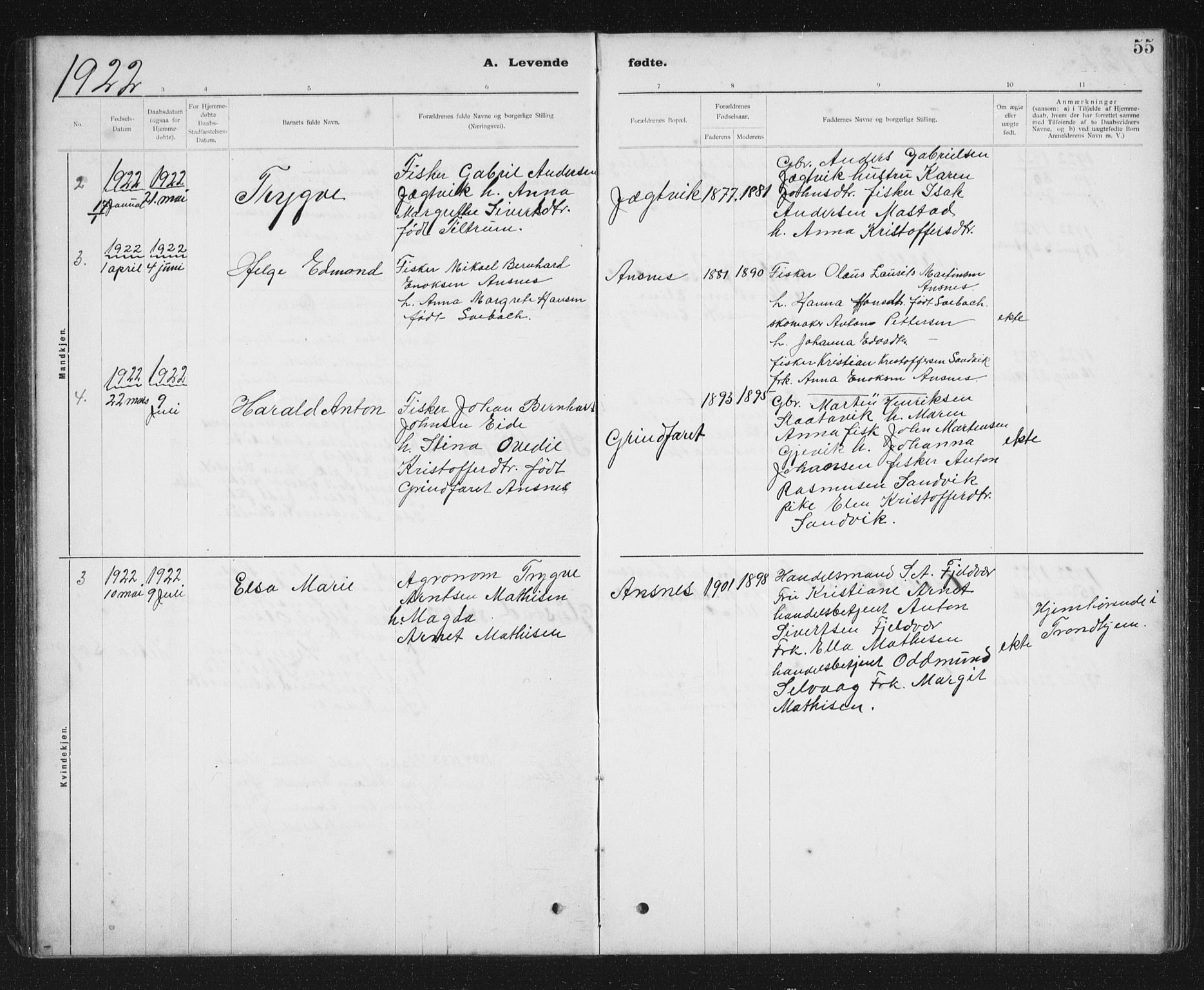 Ministerialprotokoller, klokkerbøker og fødselsregistre - Sør-Trøndelag, SAT/A-1456/637/L0563: Parish register (copy) no. 637C04, 1899-1940, p. 55