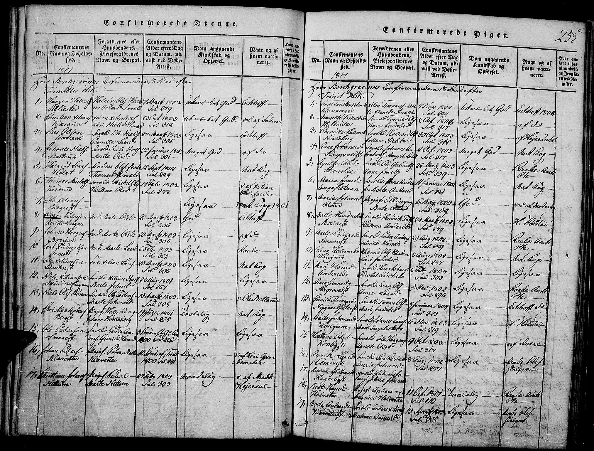 Toten prestekontor, SAH/PREST-102/H/Ha/Haa/L0009: Parish register (official) no. 9, 1814-1820, p. 255