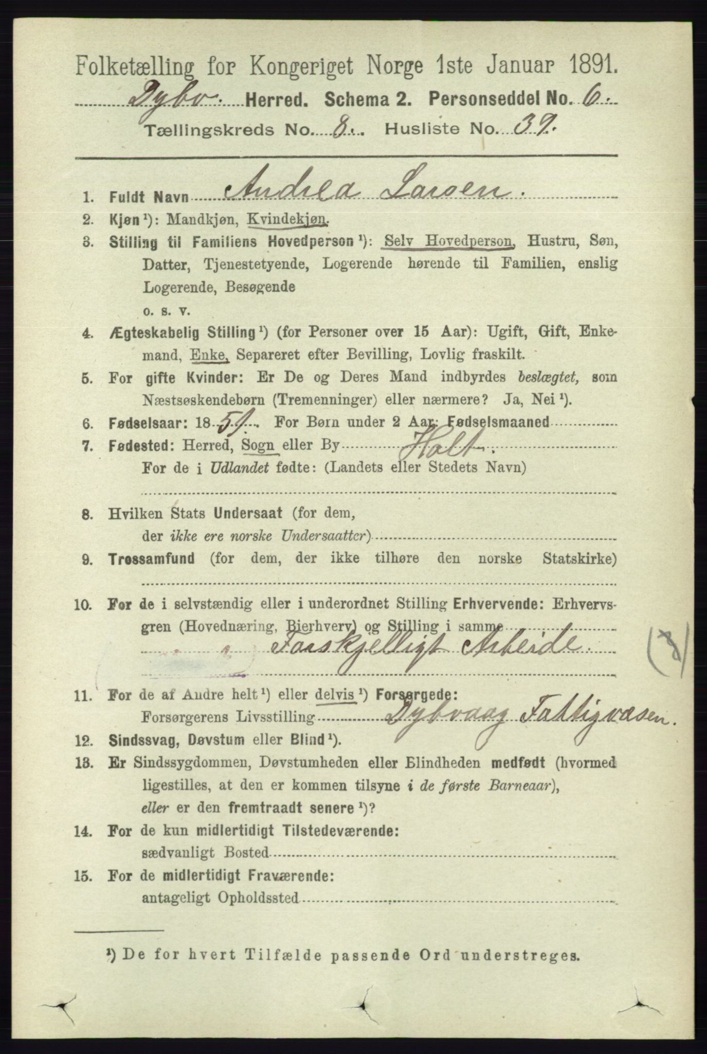 RA, 1891 census for 0915 Dypvåg, 1891, p. 2974