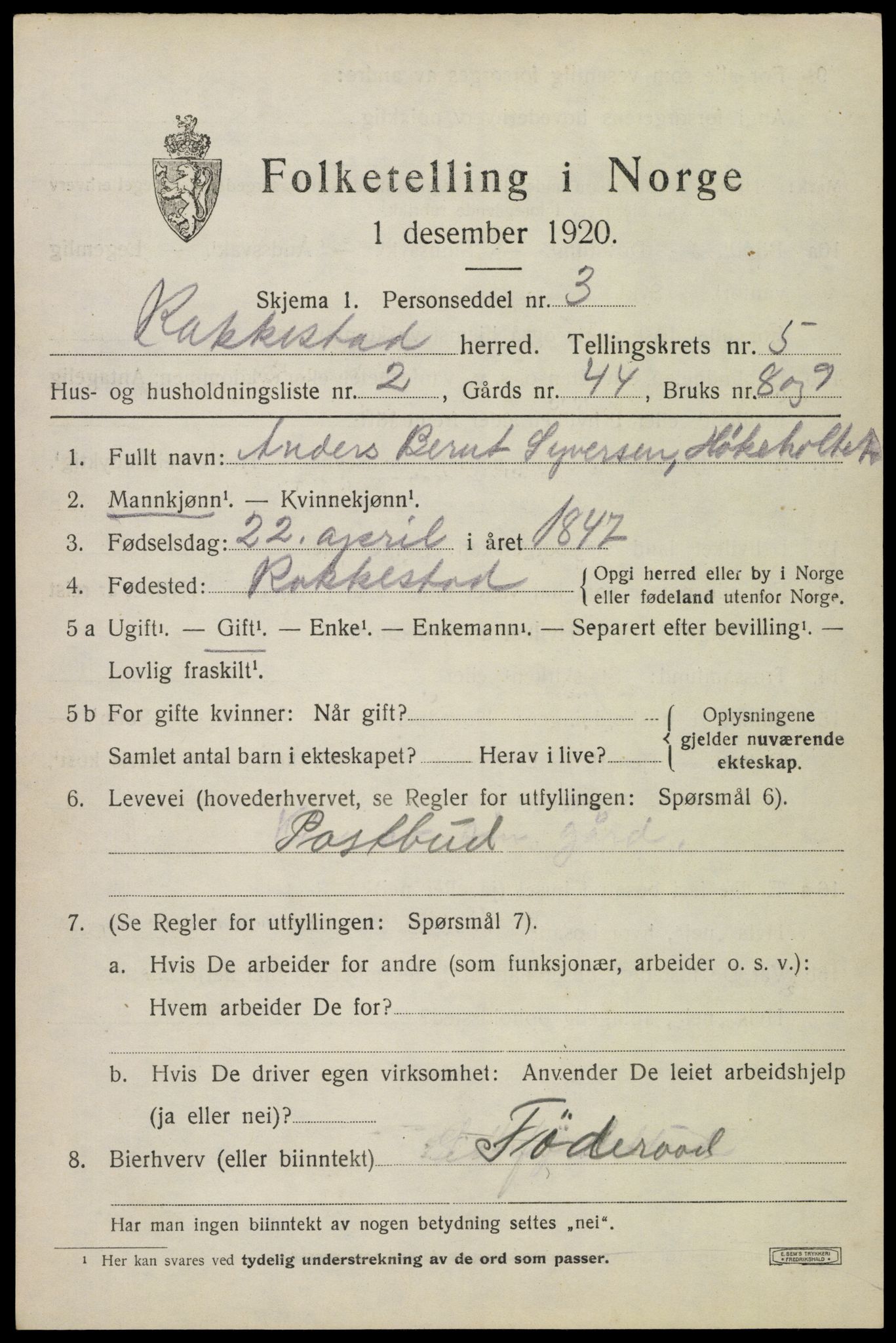 SAO, 1920 census for Rakkestad, 1920, p. 6019