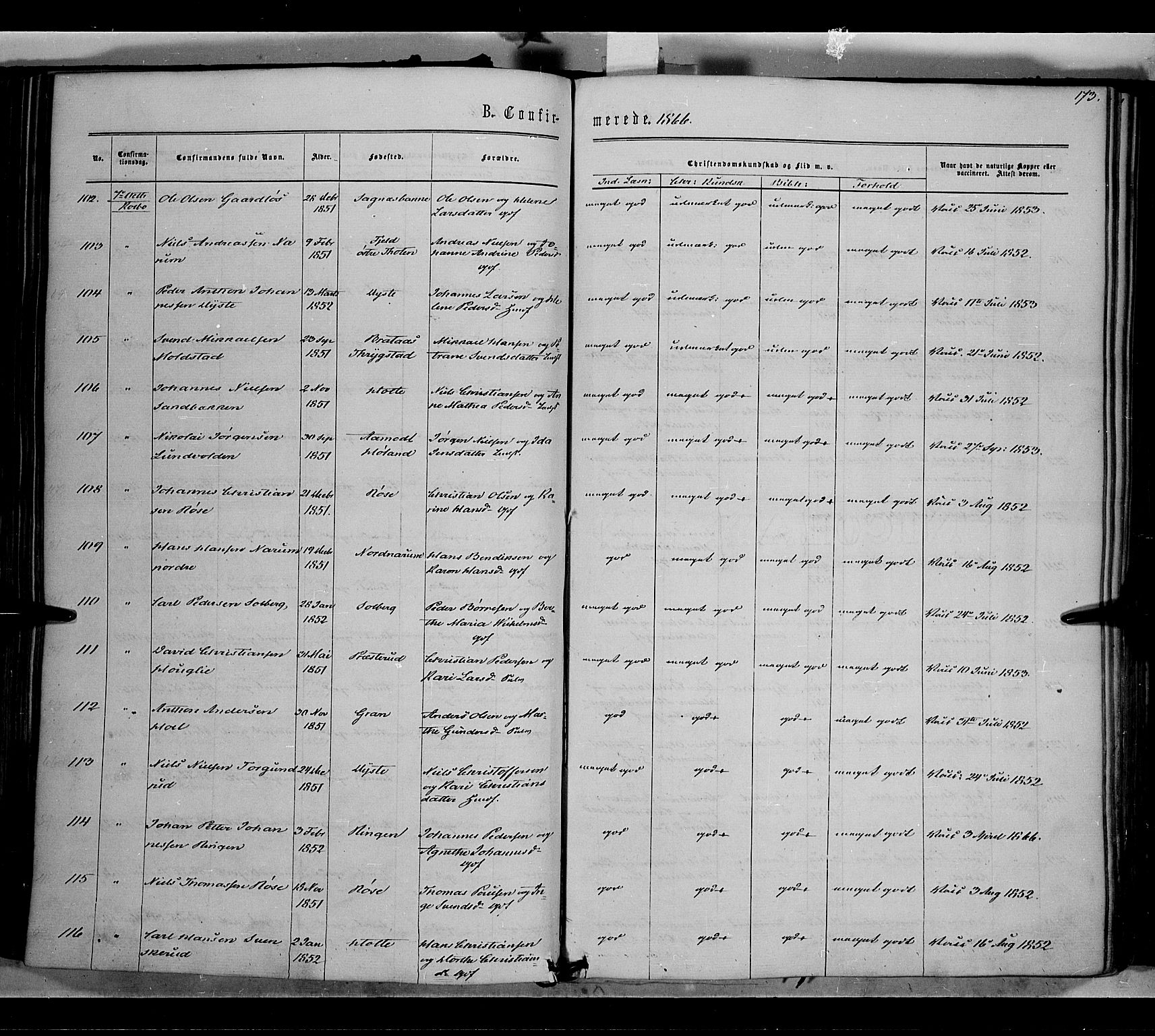 Vestre Toten prestekontor, AV/SAH-PREST-108/H/Ha/Haa/L0007: Parish register (official) no. 7, 1862-1869, p. 173