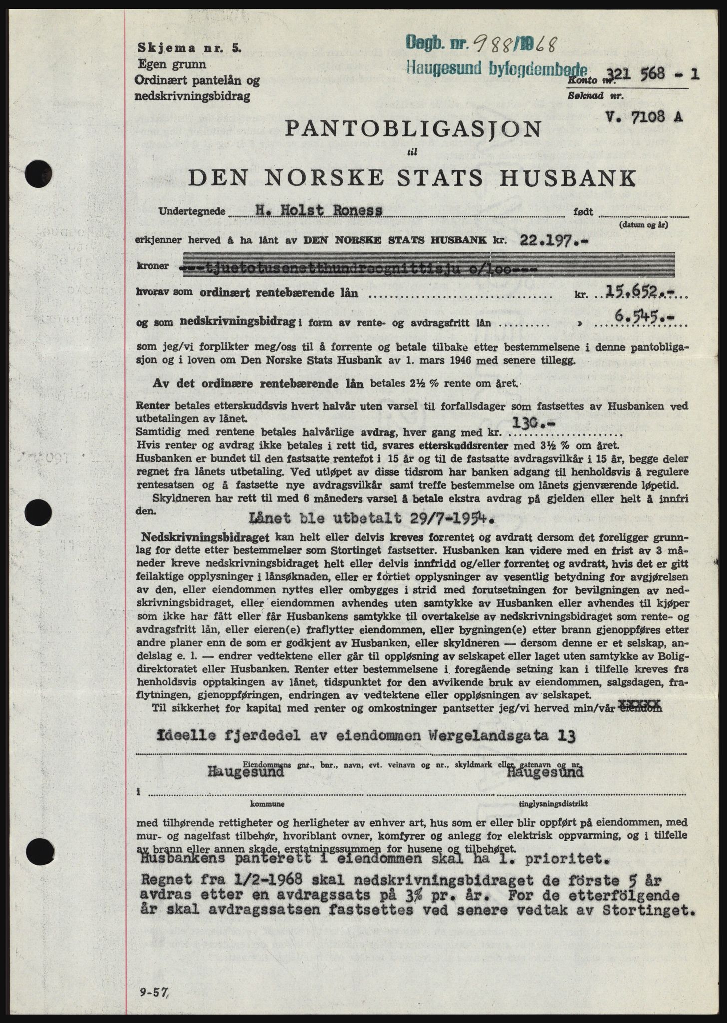 Haugesund tingrett, SAST/A-101415/01/II/IIC/L0058: Mortgage book no. B 58, 1967-1968, Diary no: : 988/1968