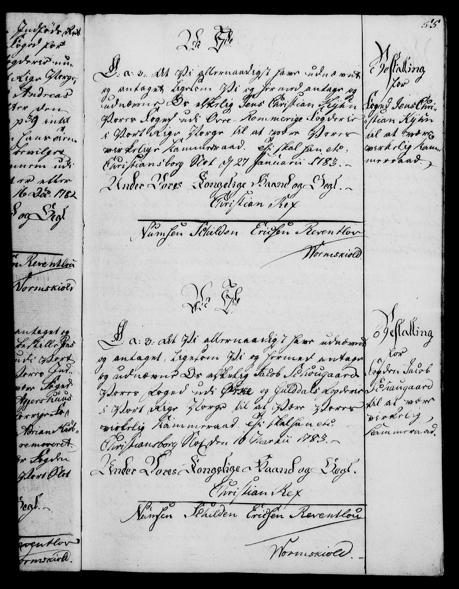 Rentekammeret, Kammerkanselliet, RA/EA-3111/G/Gg/Gge/L0006: Norsk bestallingsprotokoll med register (merket RK 53.30), 1773-1814, p. 55